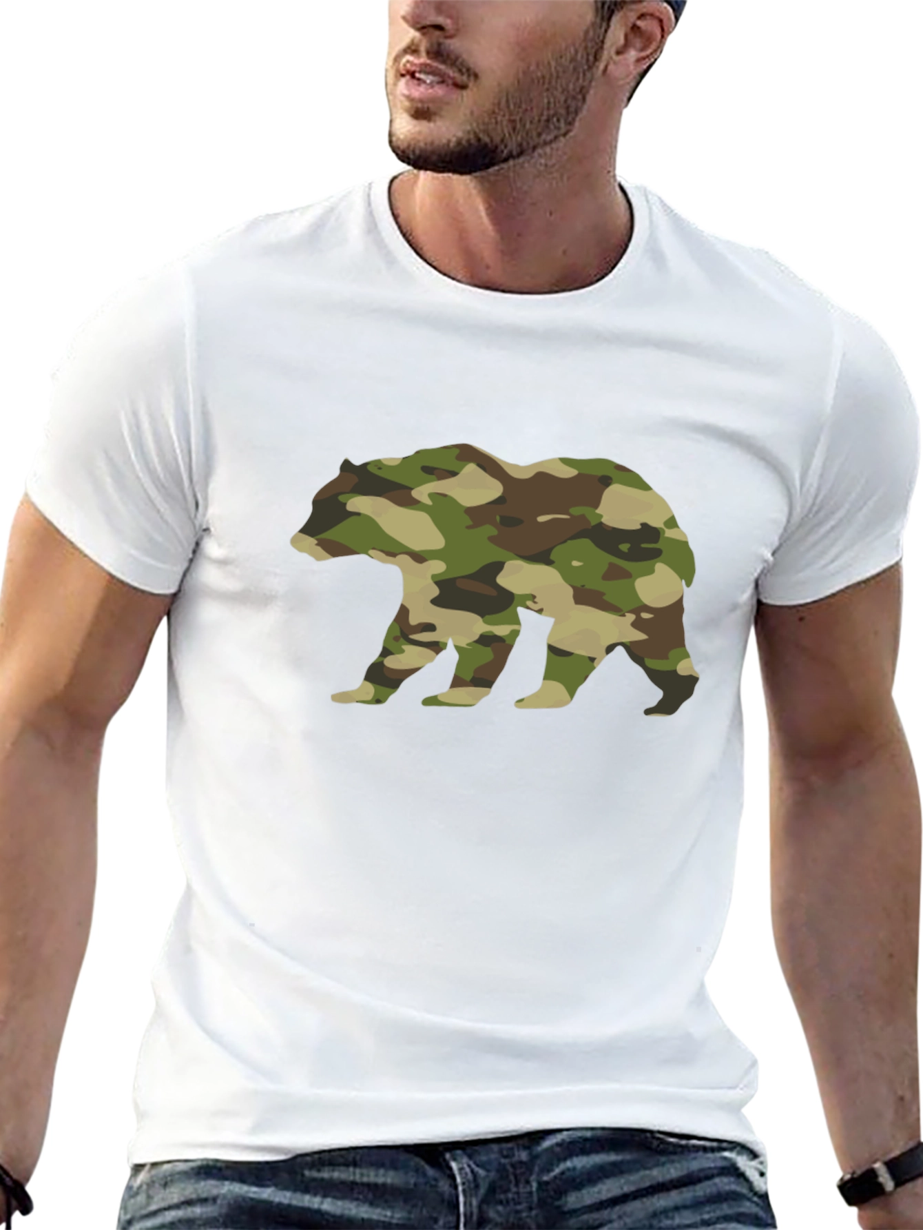 Camo Bear Graphic Tee - Black Cotton Casual Shirt