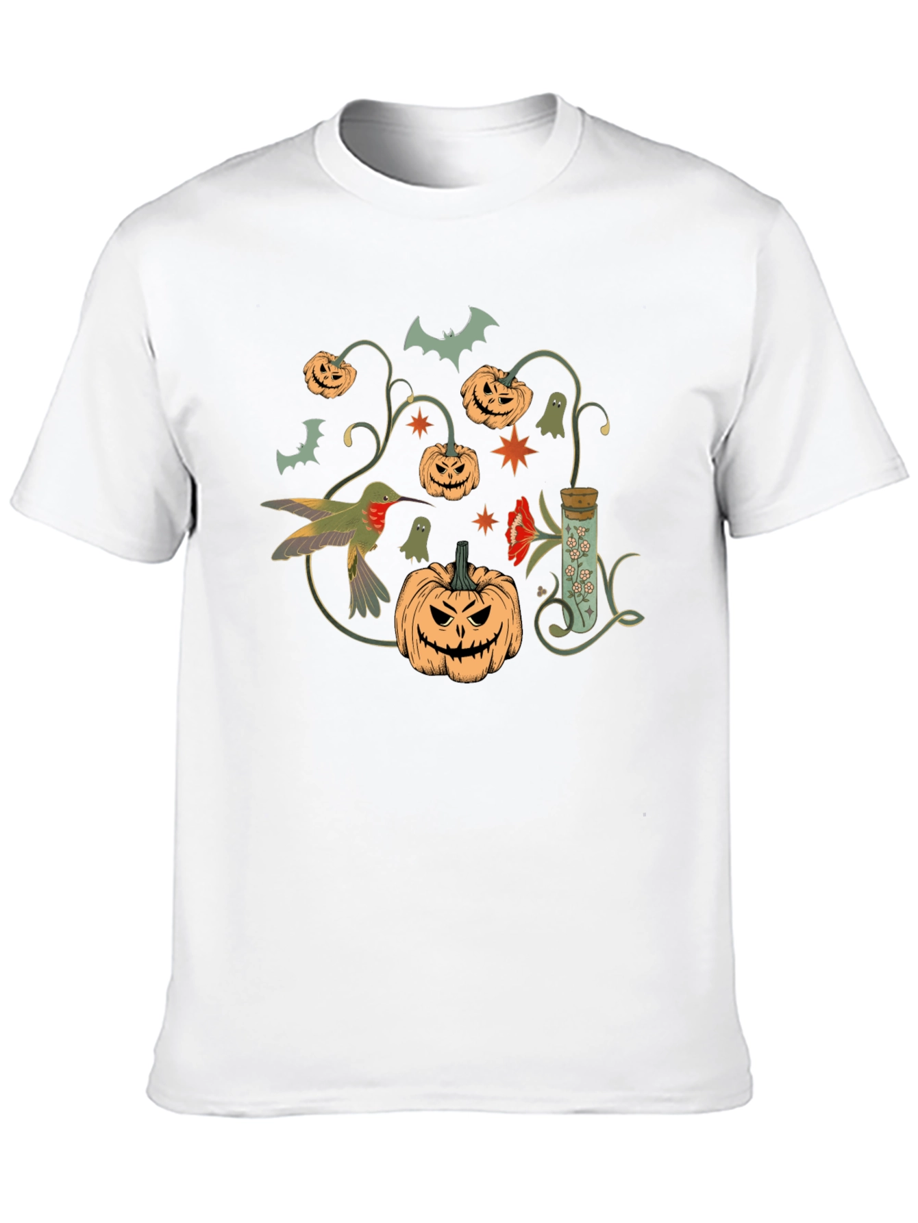 Halloween Pumpkin & Hummingbird Black T-Shirt