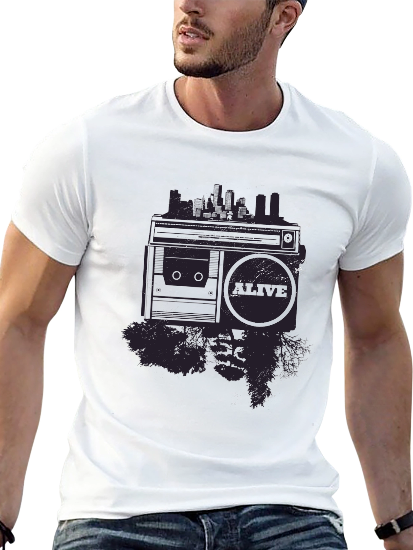 Retro Boombox Cityscape Graphic Tee - Black