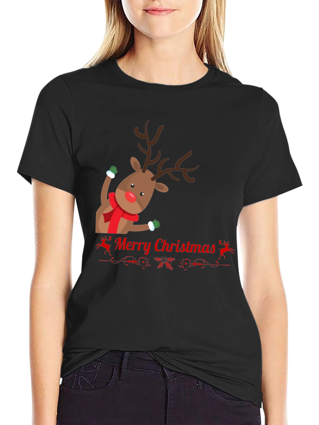 Festive Reindeer Merry Christmas Black T-shirt