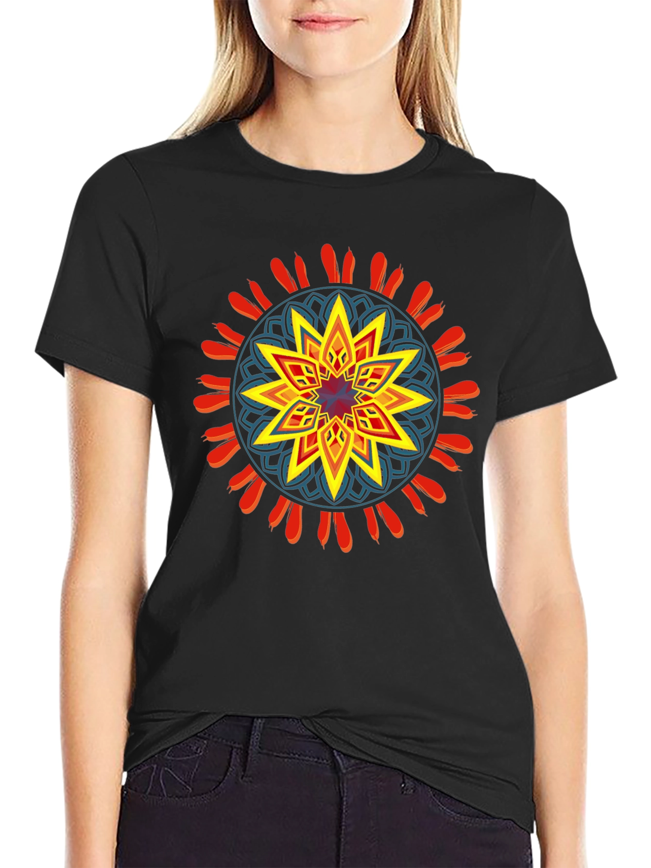 Geometric Mandala Graphic Black Tee