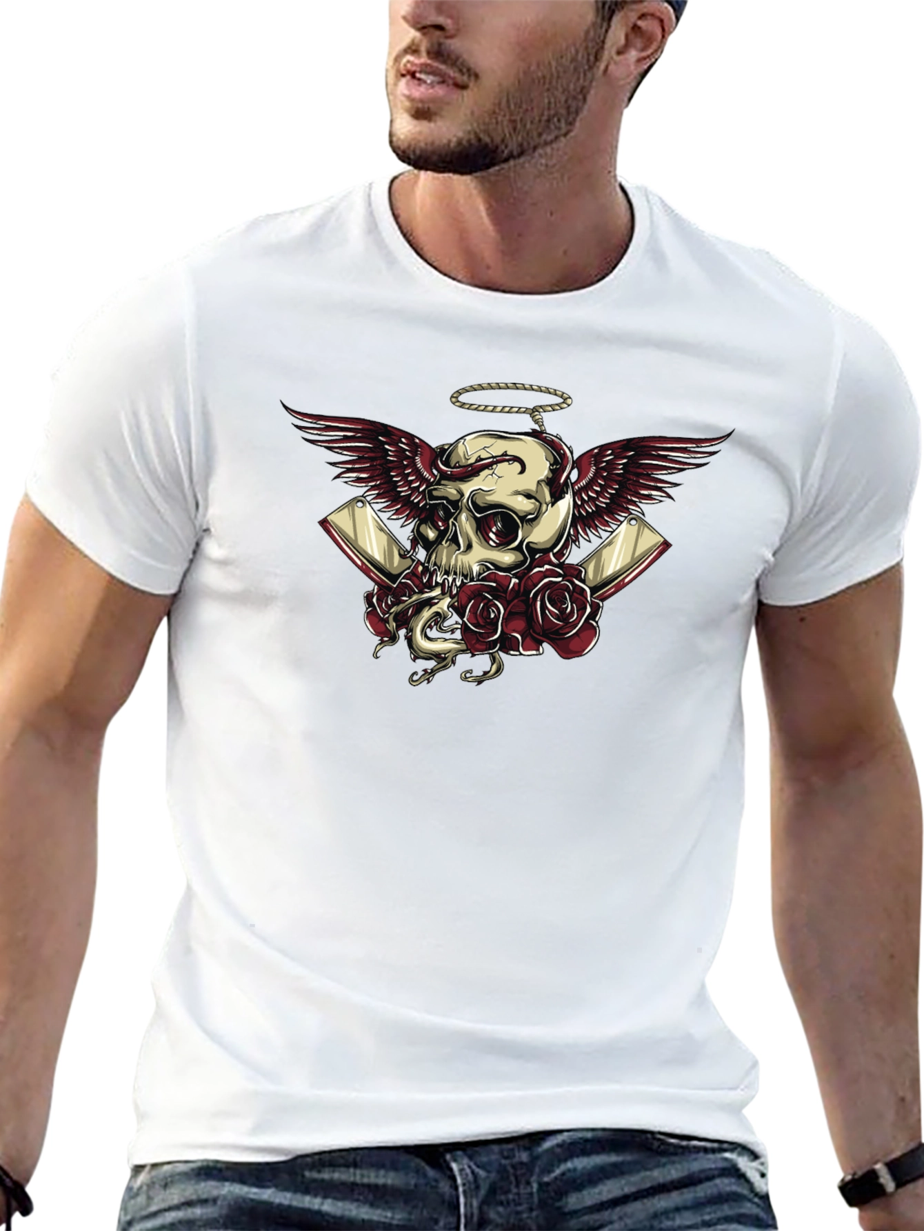 Skull Wings Roses Graphic Tee - Dark Humor