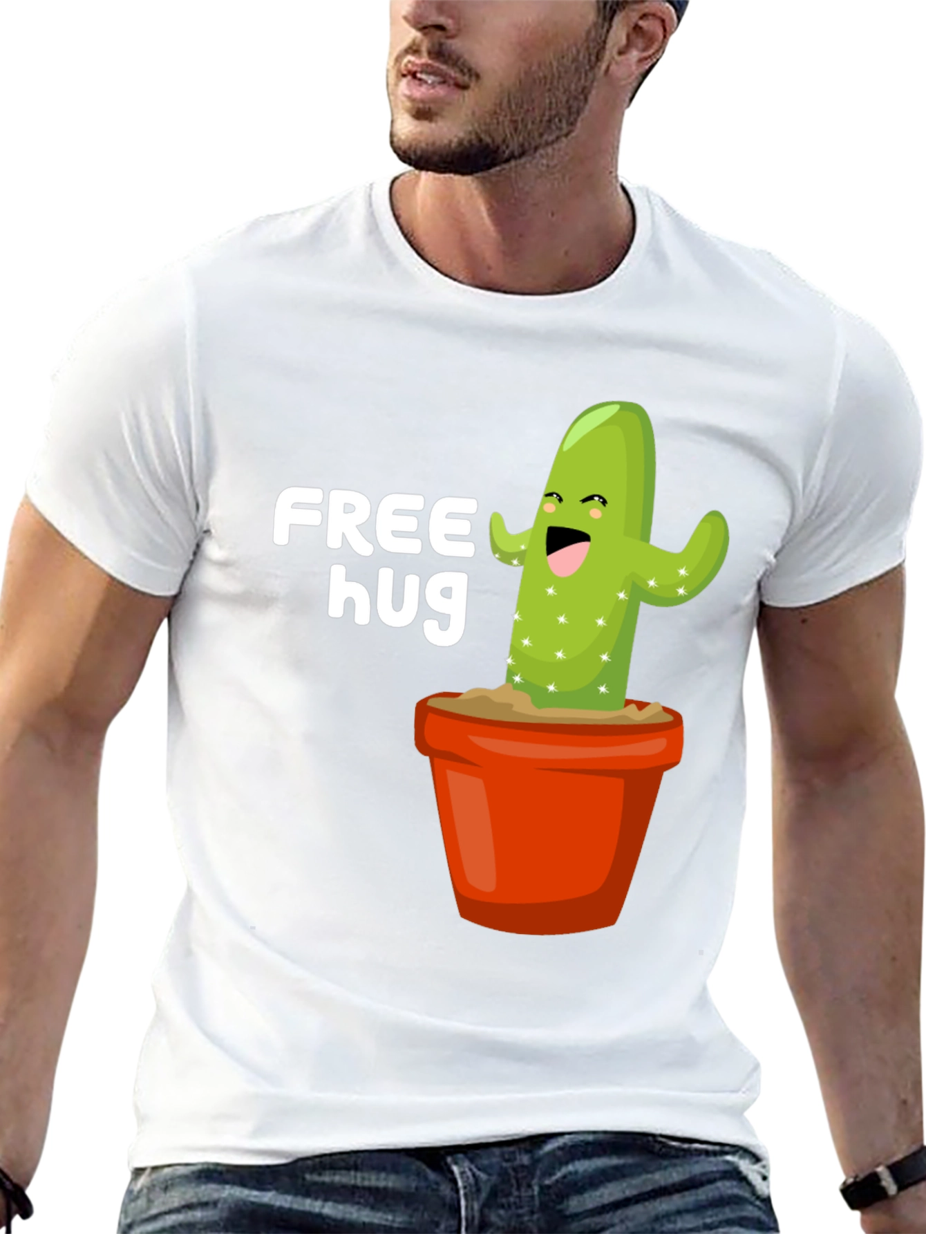 Free Hug Cactus Graphic Tee - Black Cotton T-Shirt
