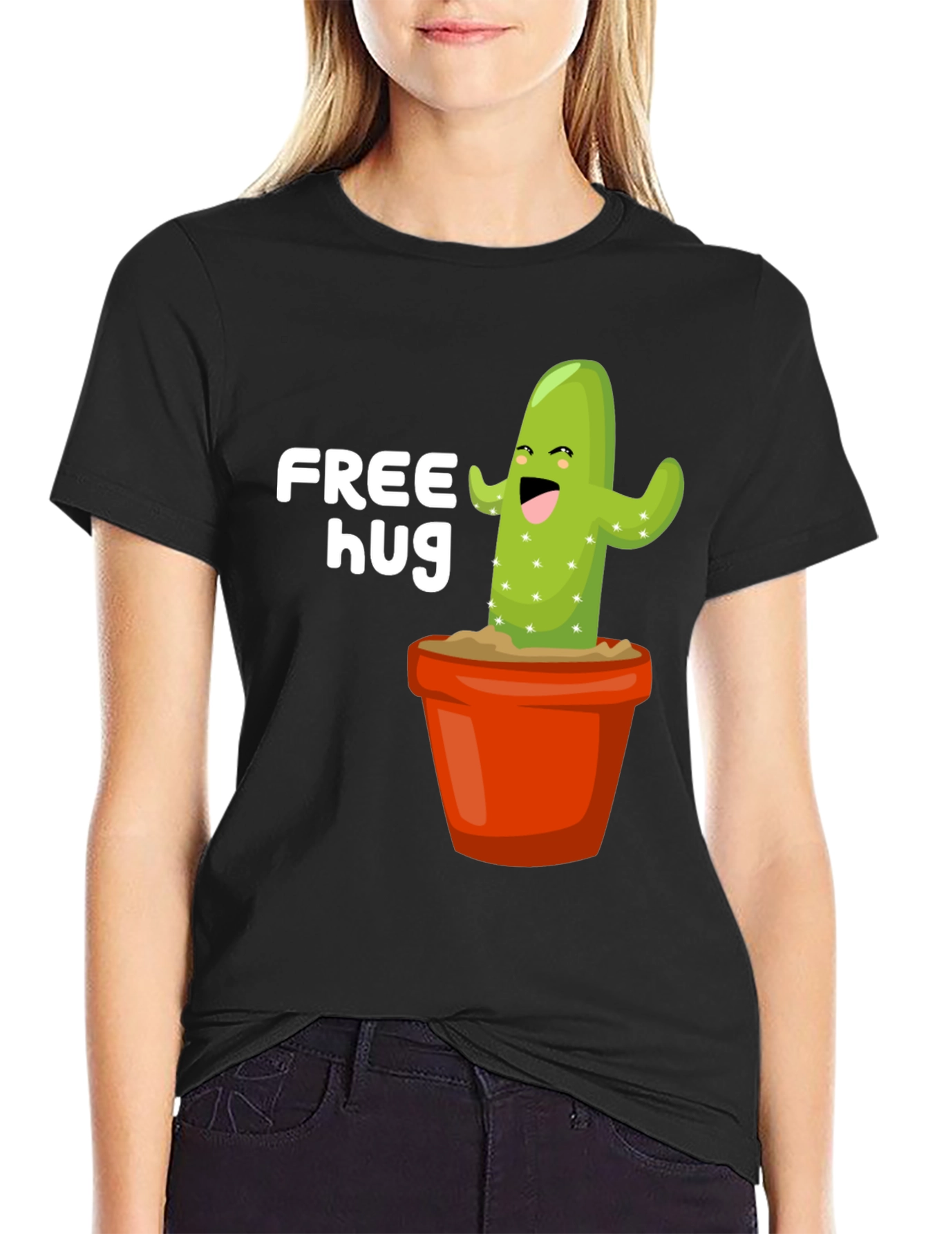 Free Hug Cactus Graphic Tee - Black Cotton T-Shirt