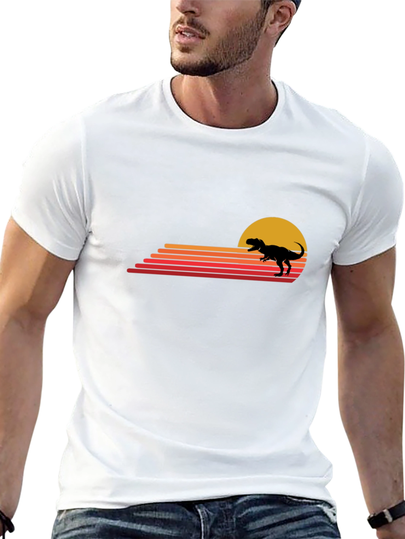 Retro Dinosaur Sunset Black T-Shirt