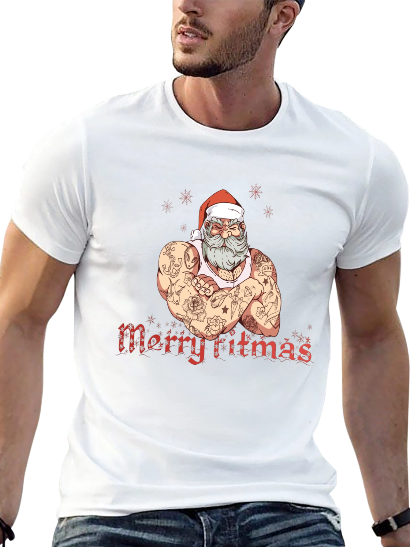 Tattooed Santa Merry Fitmas Graphic Tee
