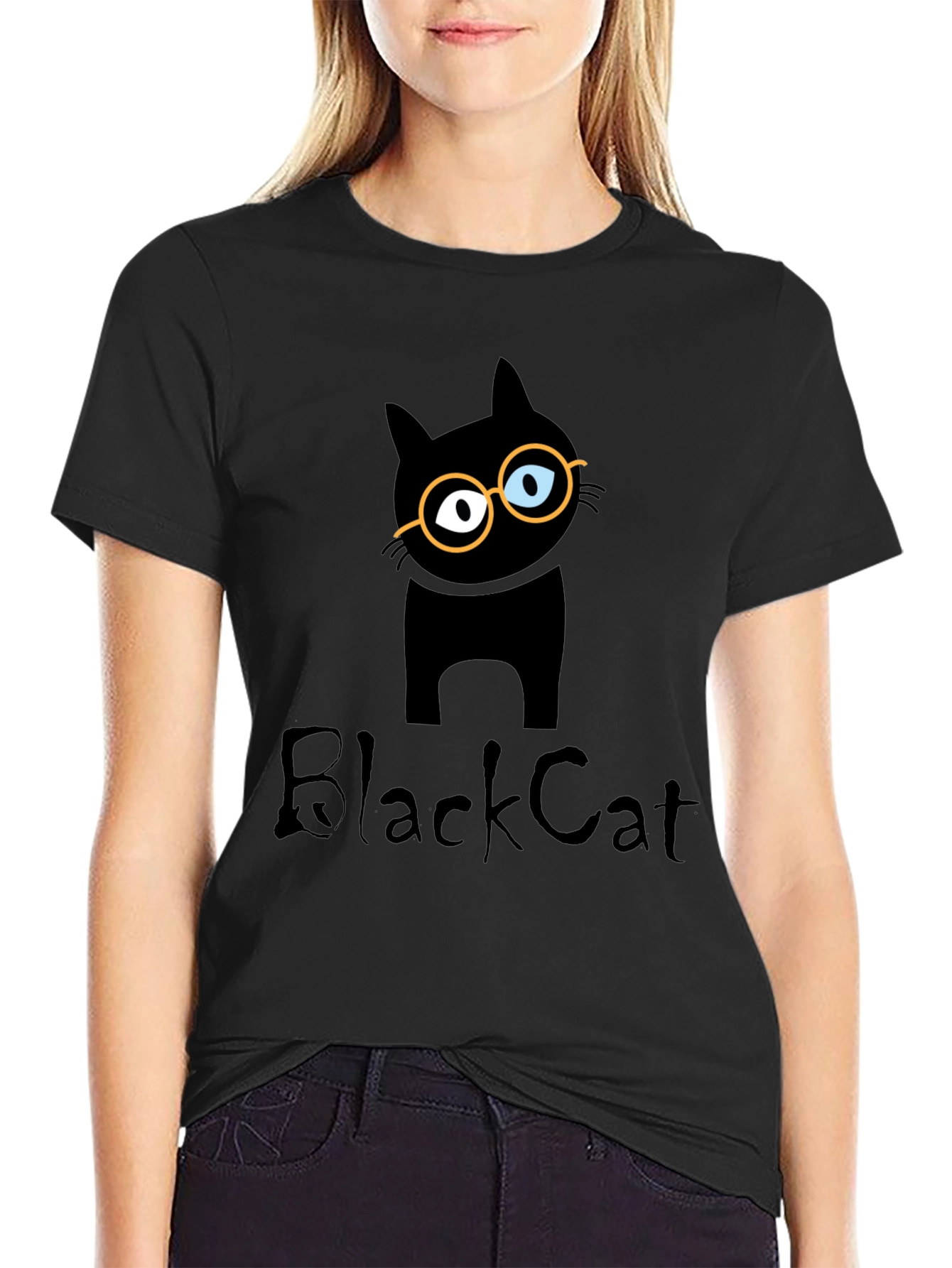 Black Cat T-Shirt with Glasses