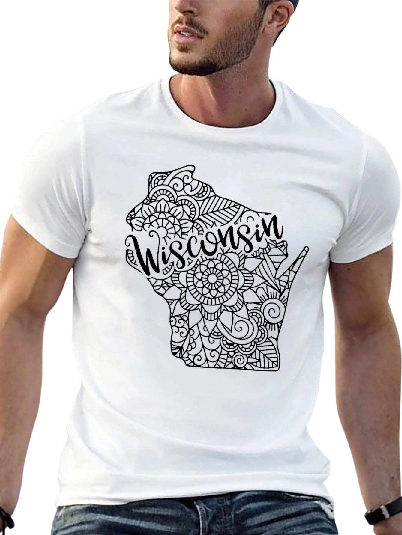 Wisconsin State Mandala Design Black T-Shirt