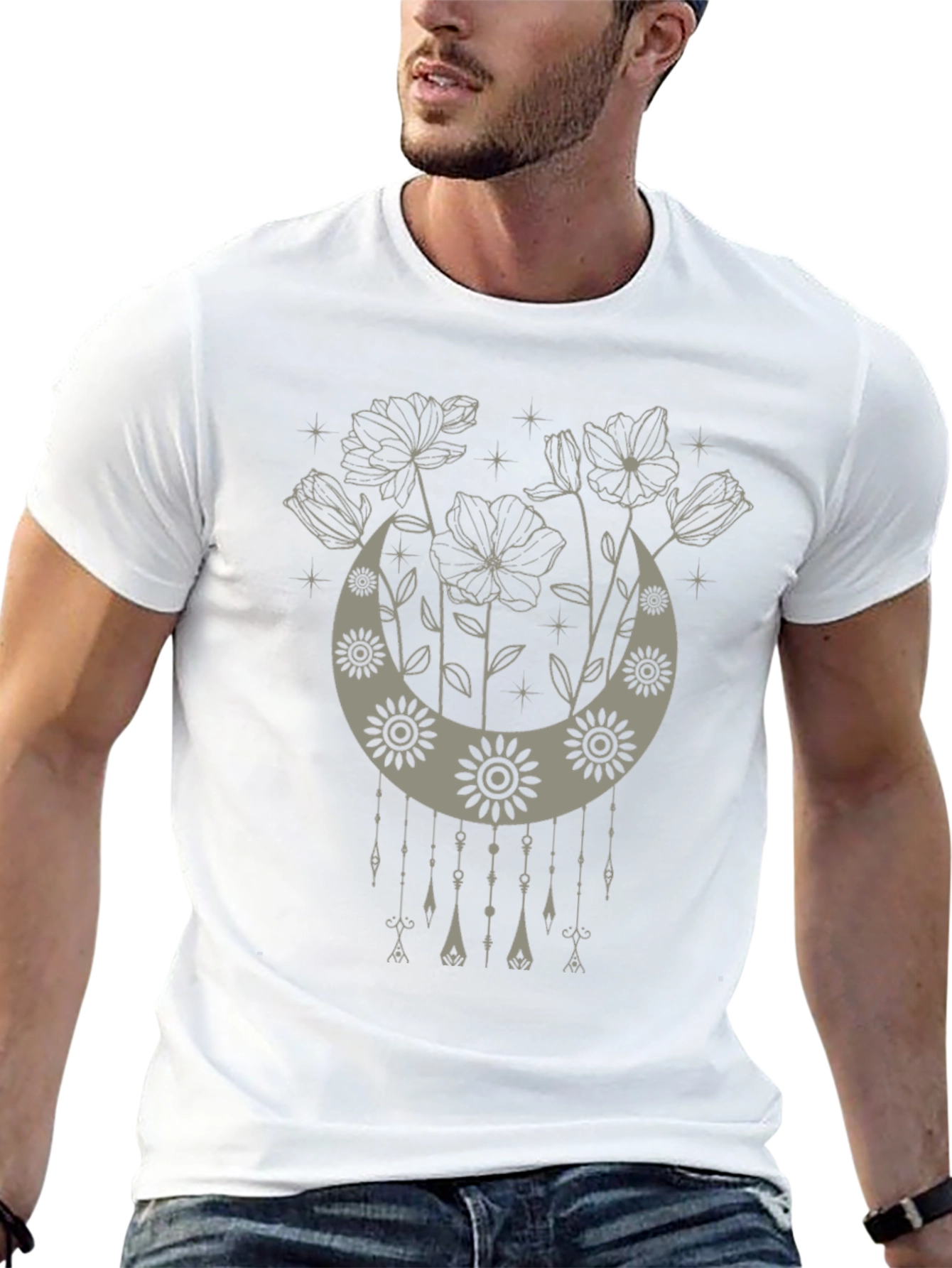 Boho Floral Moon Graphic Tee - Black