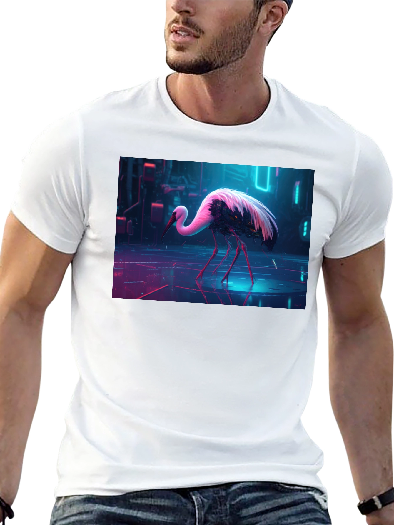 Cyberpunk Stork Graphic T-Shirt - Black