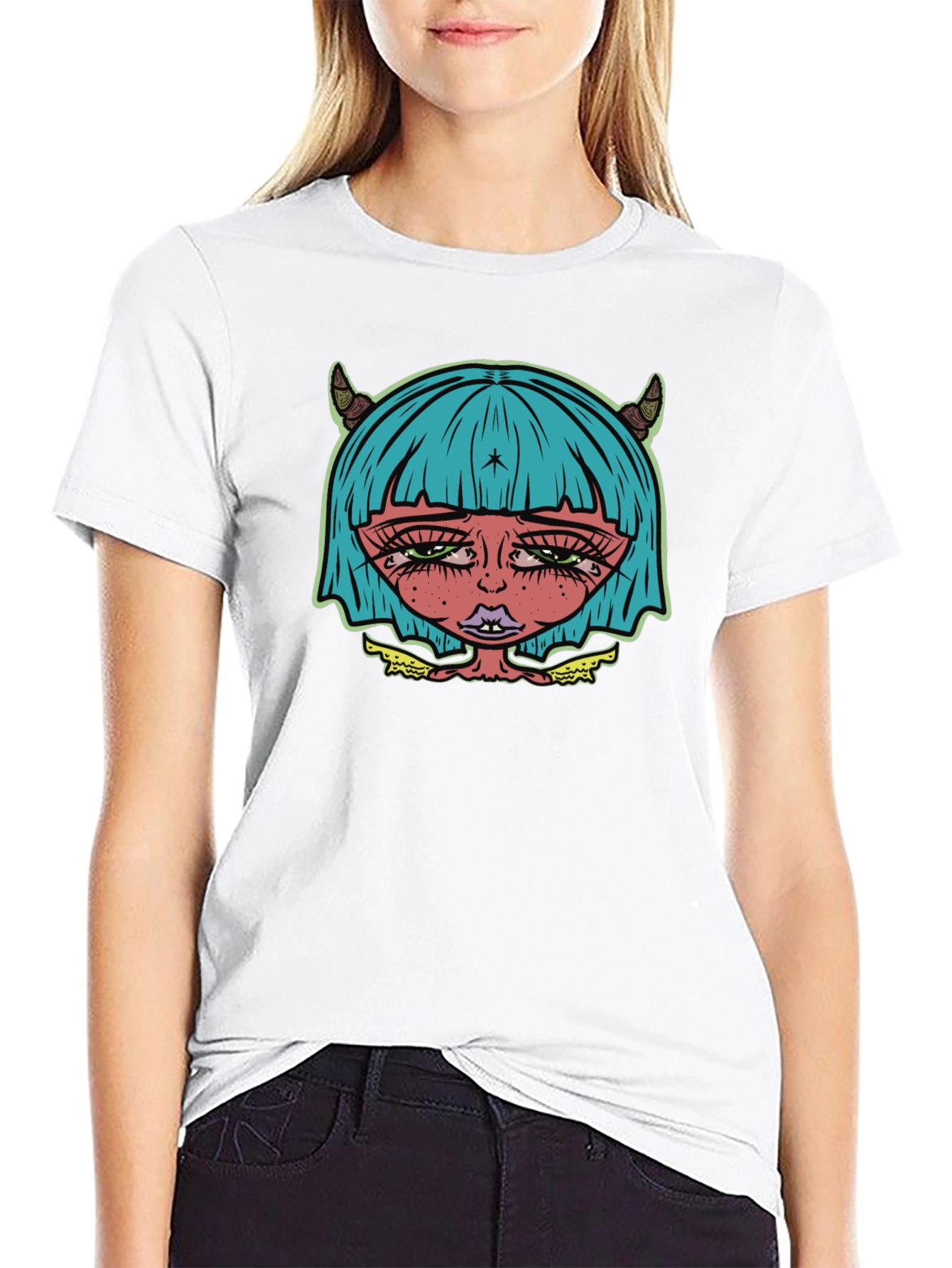 Edgy Demon Girl Graphic Tee - Unisex Black T-Shirt