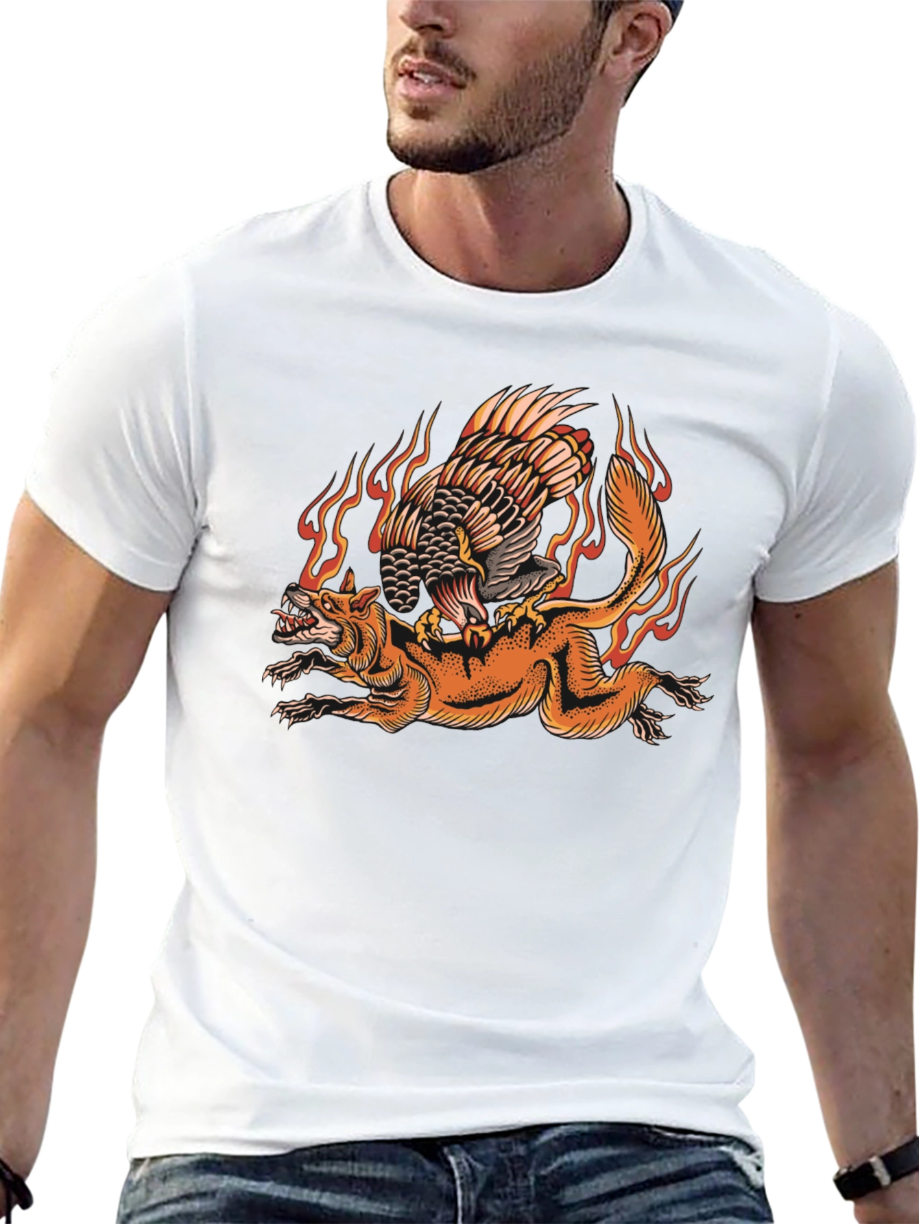 Fiery Eagle & Fox Graphic Tee - Black
