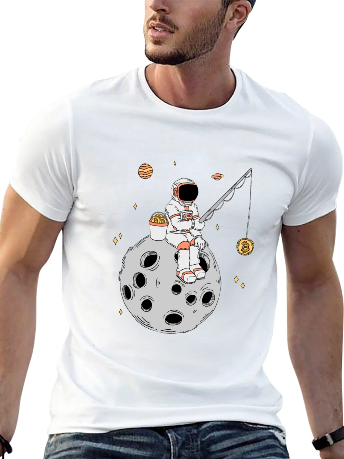 Astronaut Bitcoin Fishing Black T-Shirt