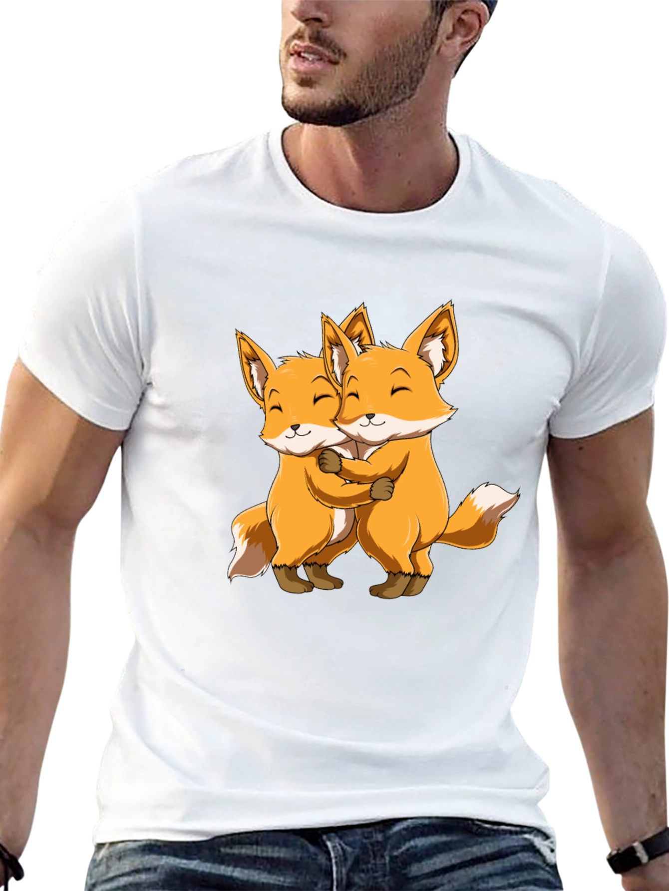 Cute Foxes Hug Black T-Shirt