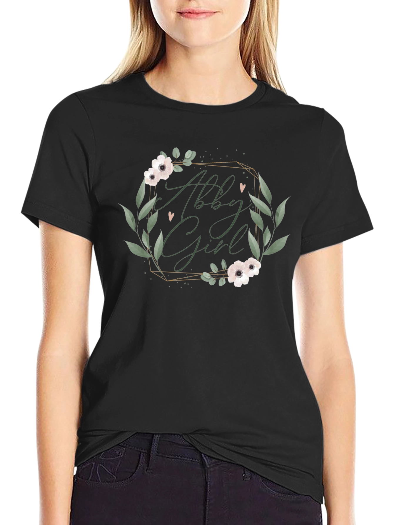 Abby Girl Floral Wreath Black T-Shirt