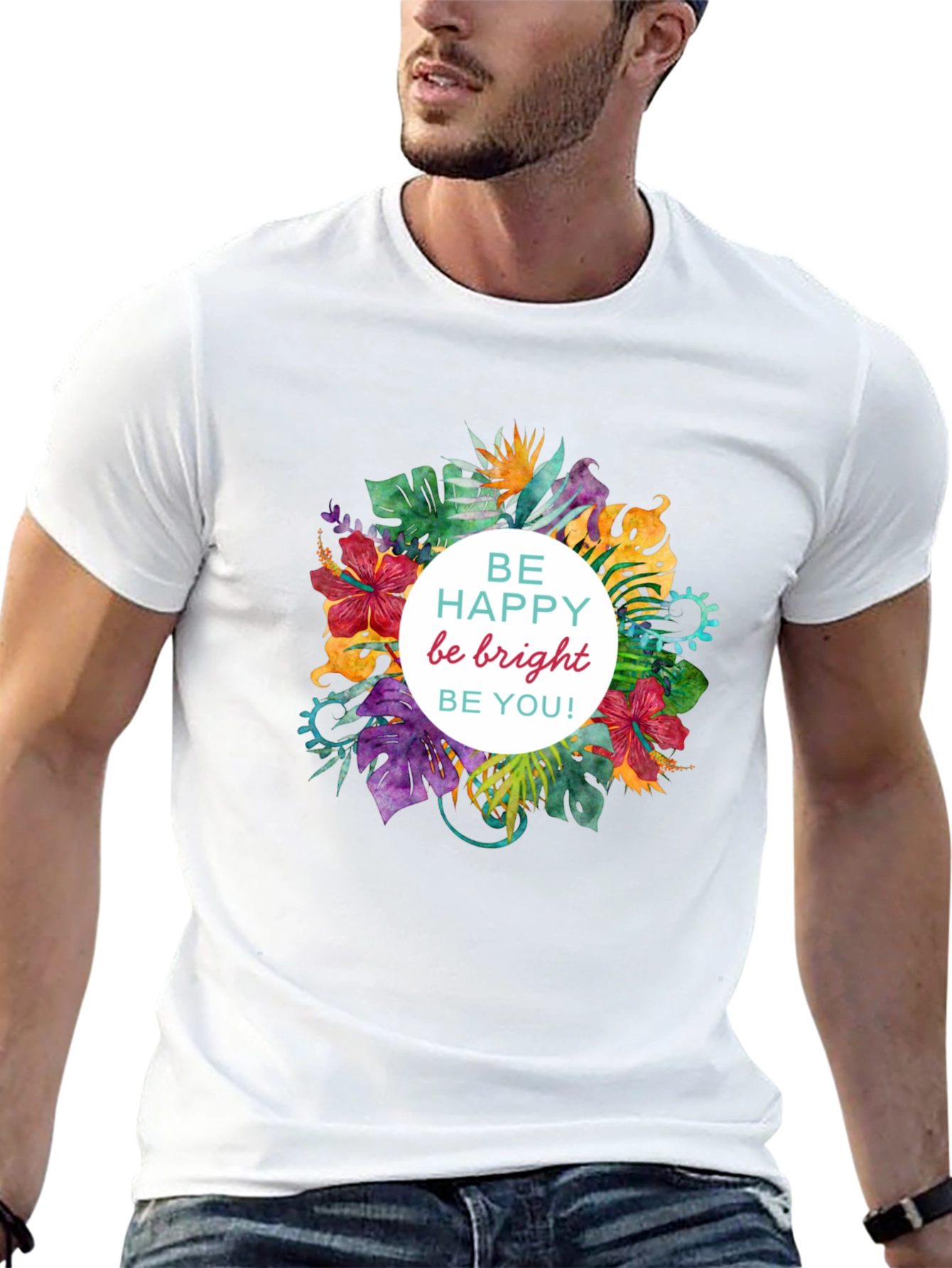 Be Happy Floral Graphic Black T-Shirt