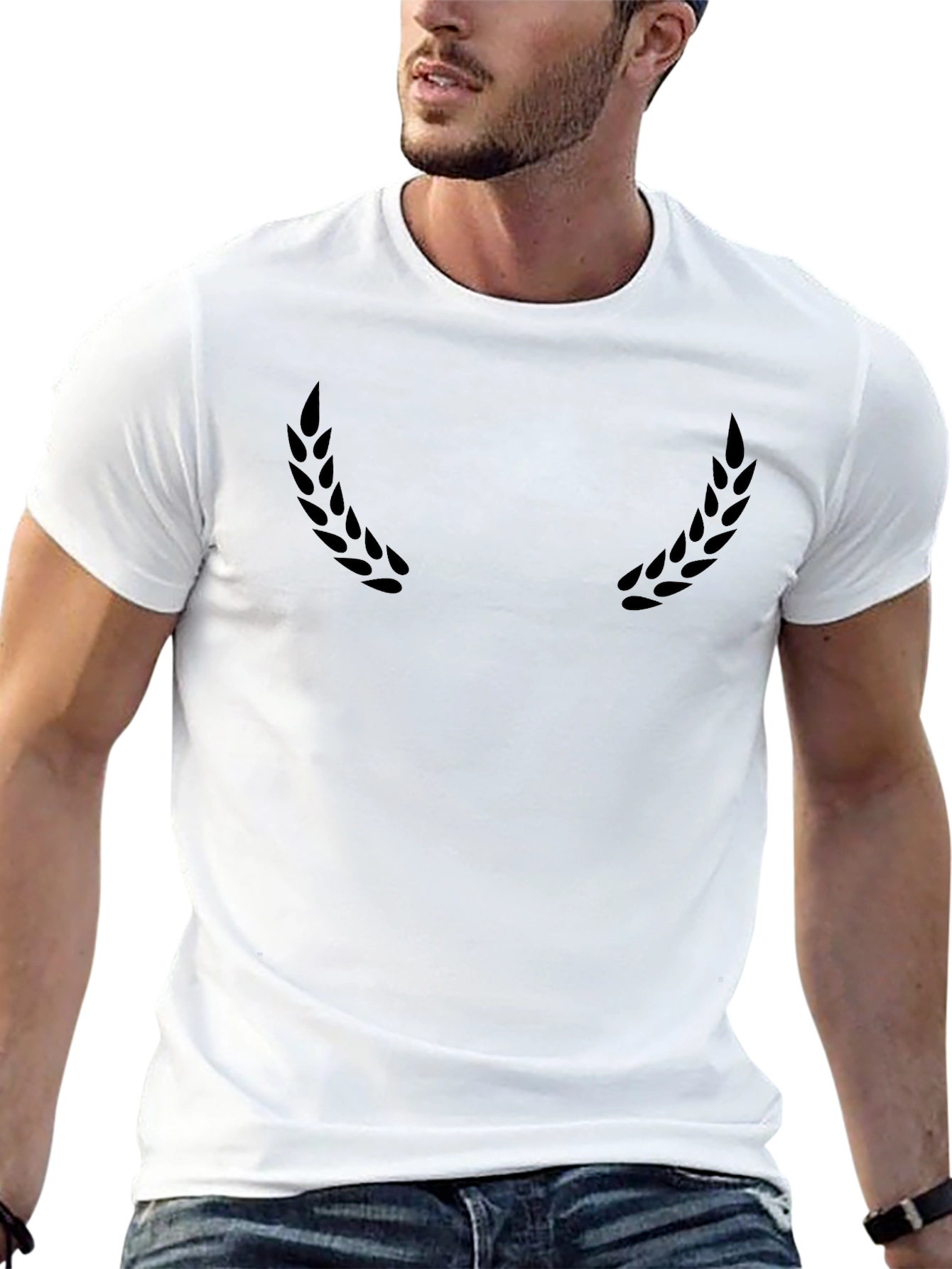 Stylish Black Crew Neck T-Shirt with Subtle Laurel Design
