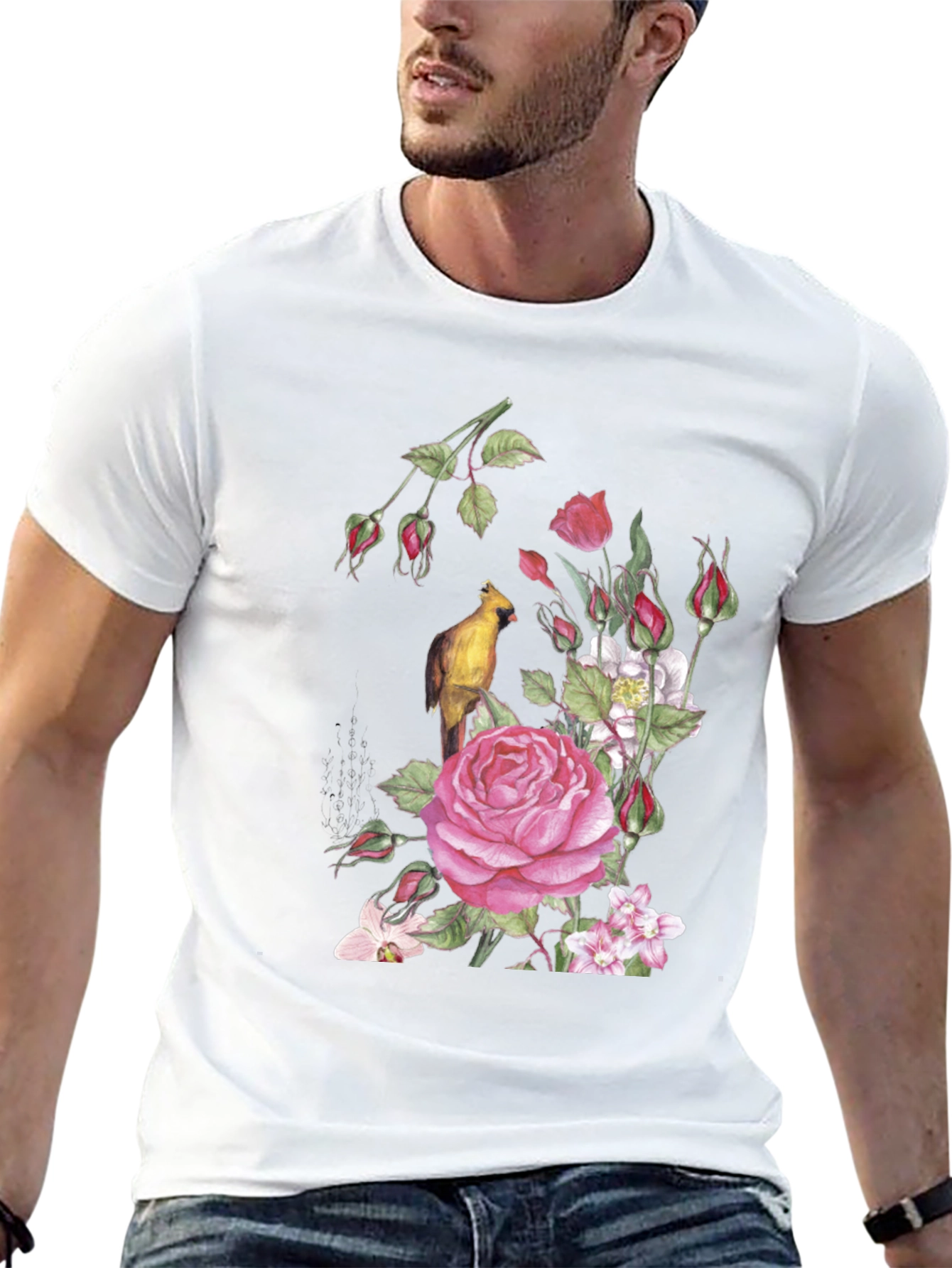 Floral Bird Print Black T-Shirt