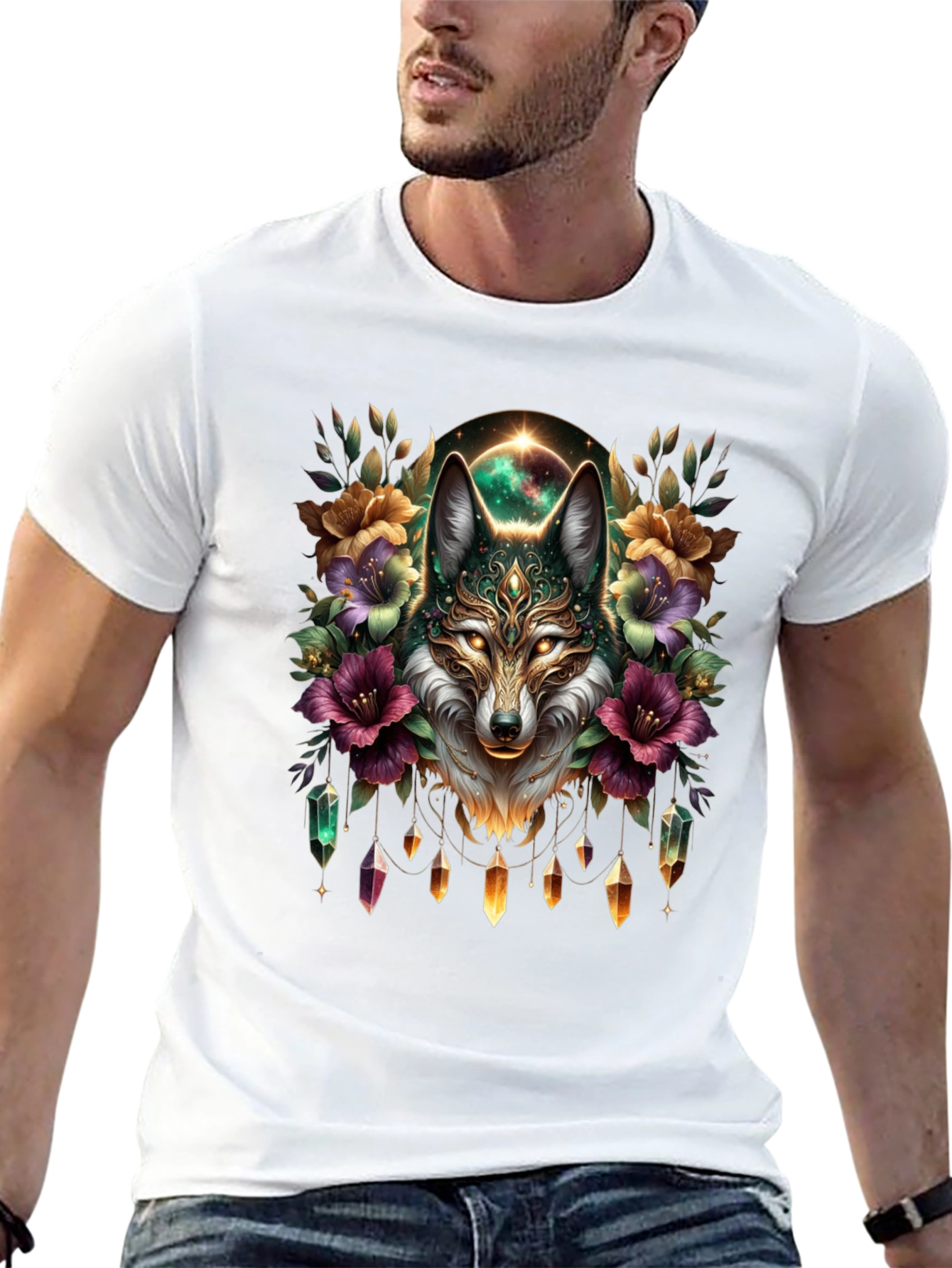 Mystic Wolf Graphic Tee - Floral Crystal Design