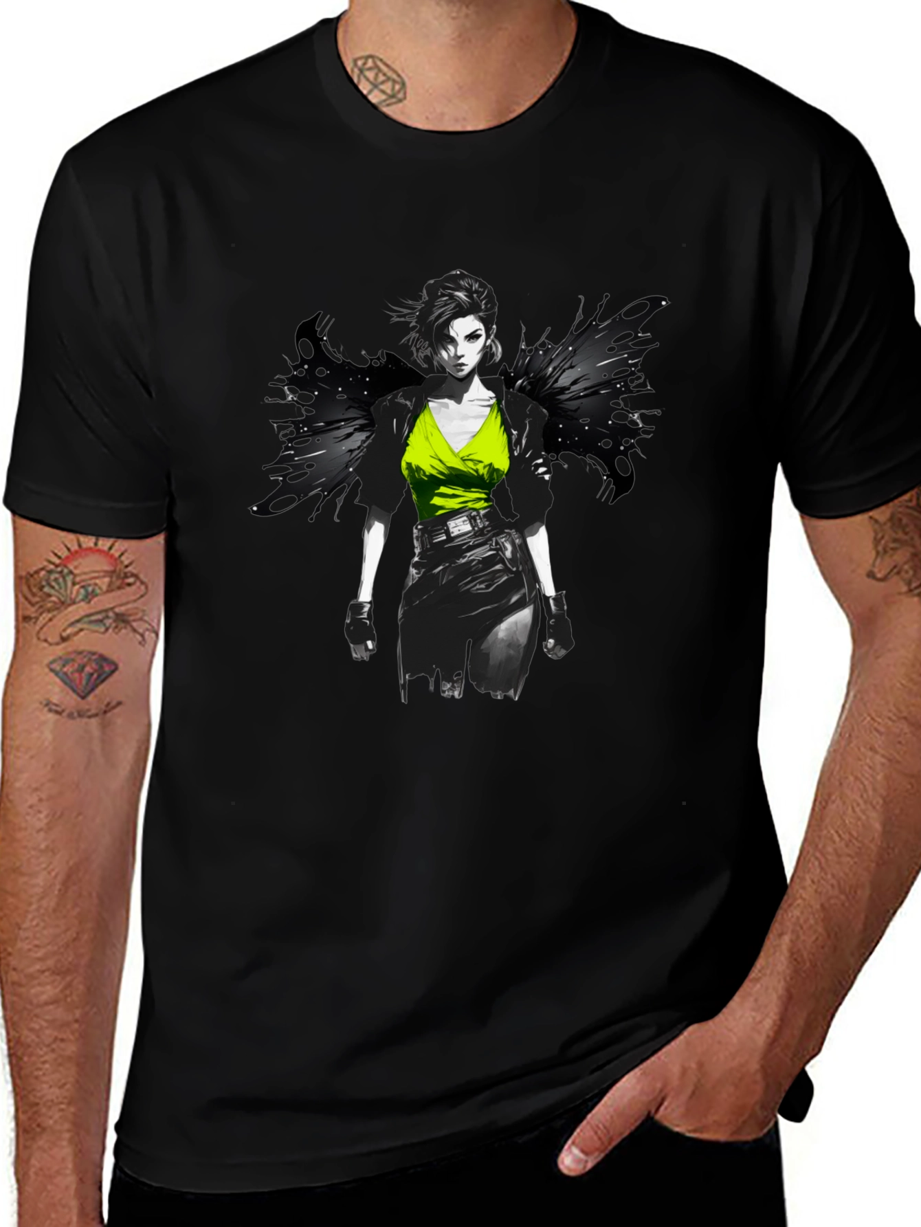 Edgy Anime Girl Graphic Print Black T-Shirt