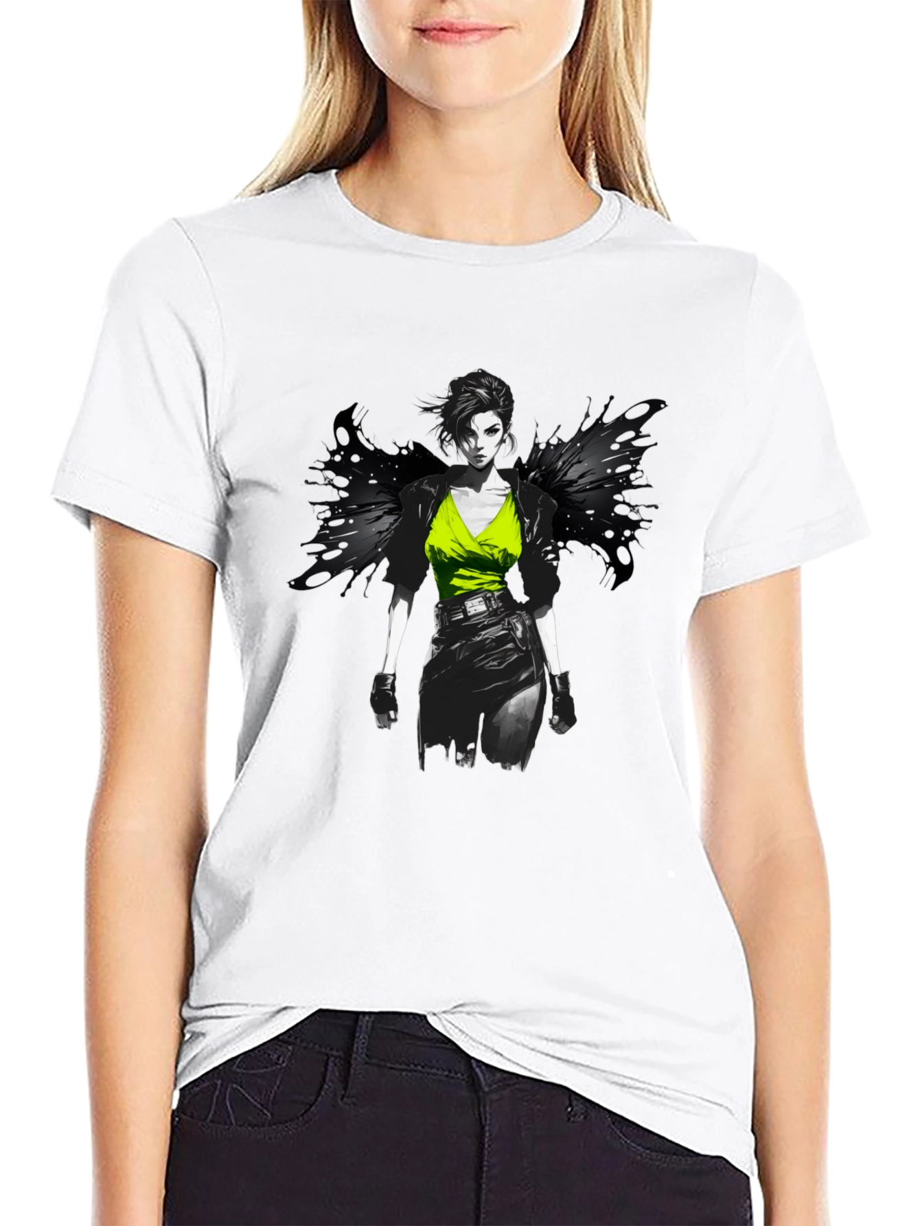 Edgy Anime Girl Graphic Print Black T-Shirt