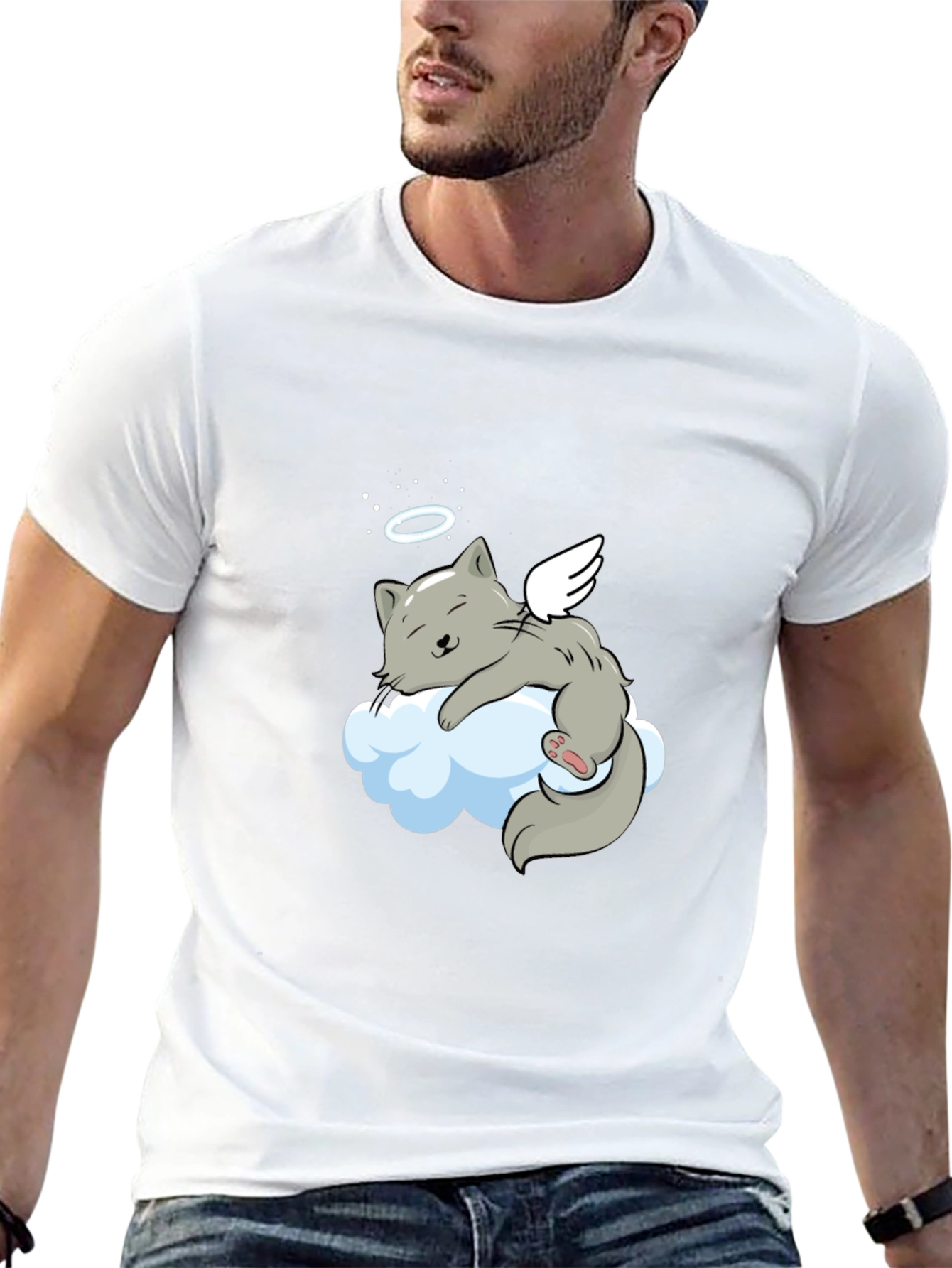 Angel Cat Cloud T-Shirt - Comfy Black Tee