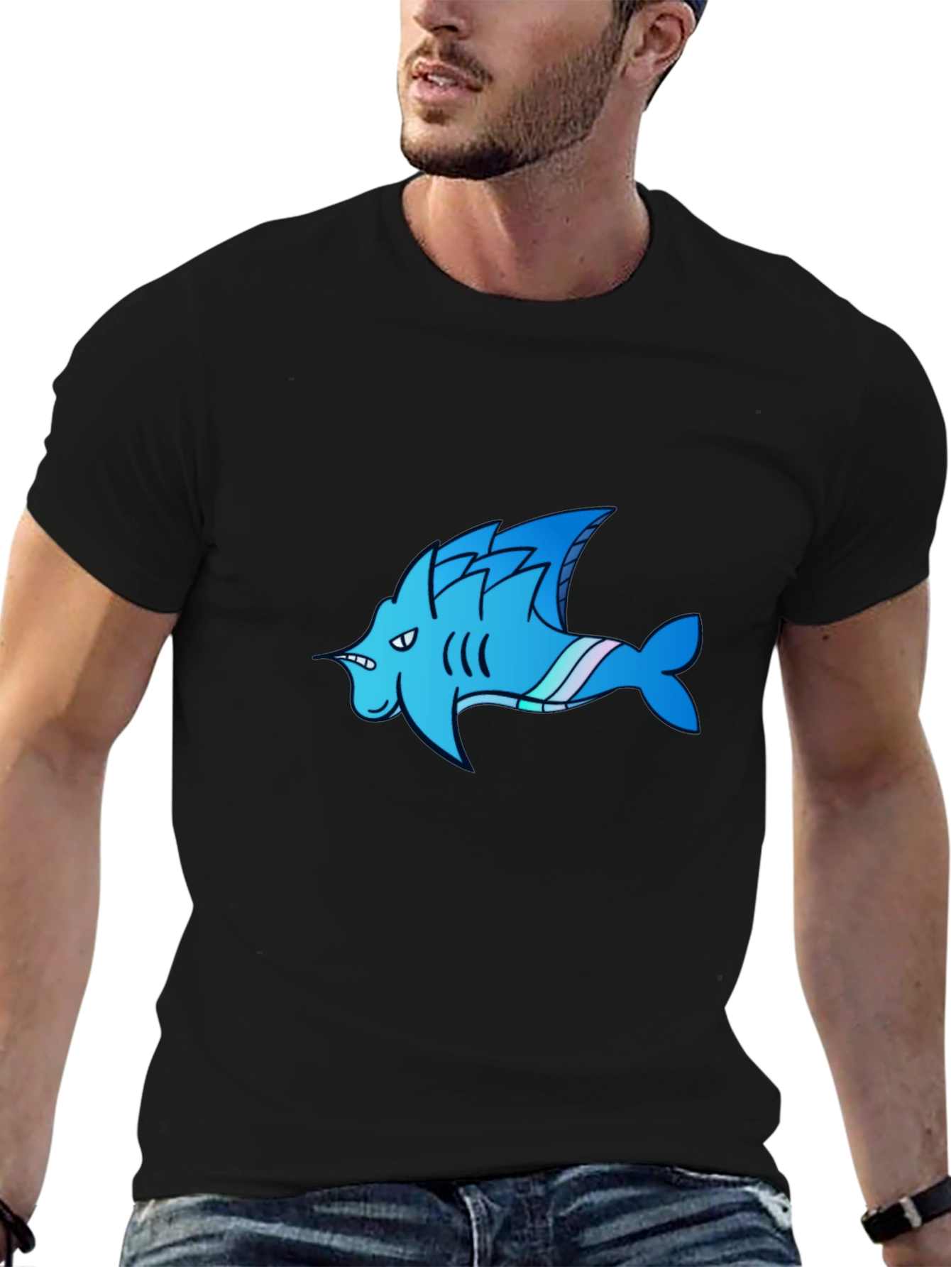Cool Blue Shark Cartoon Graphic Black T-Shirt