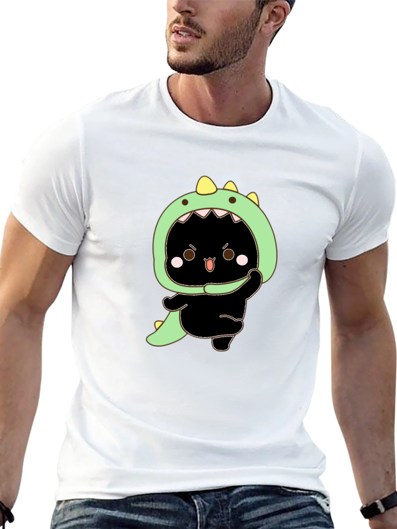 Dino Cat Graphic Tee - Black Cotton T-Shirt