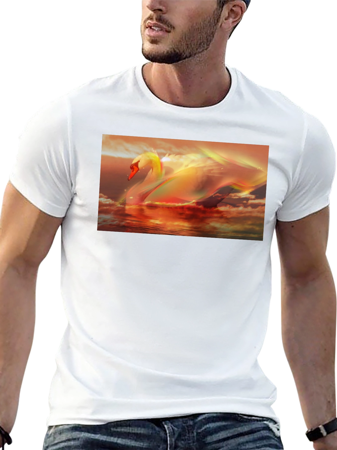 Swan Sunset Graphic Tee - Black Cotton T-Shirt