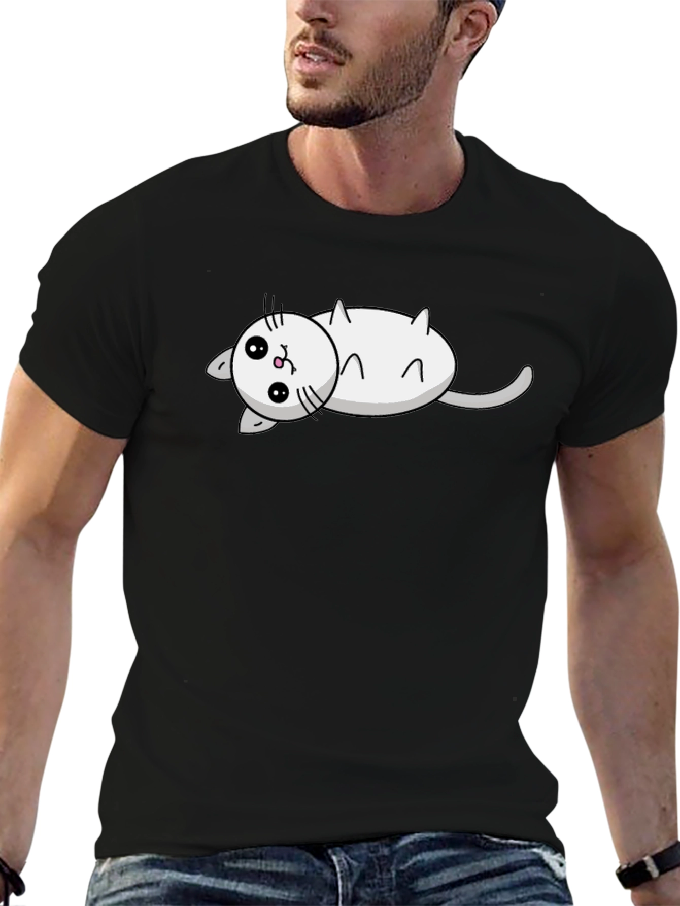 Cute Cat Cartoon Black T-Shirt