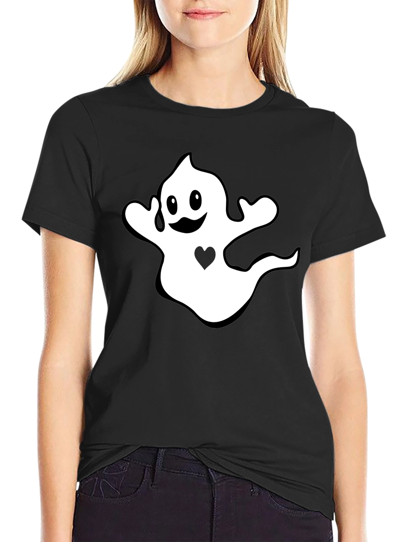 Halloween Ghost Heart Graphic Black T-Shirt