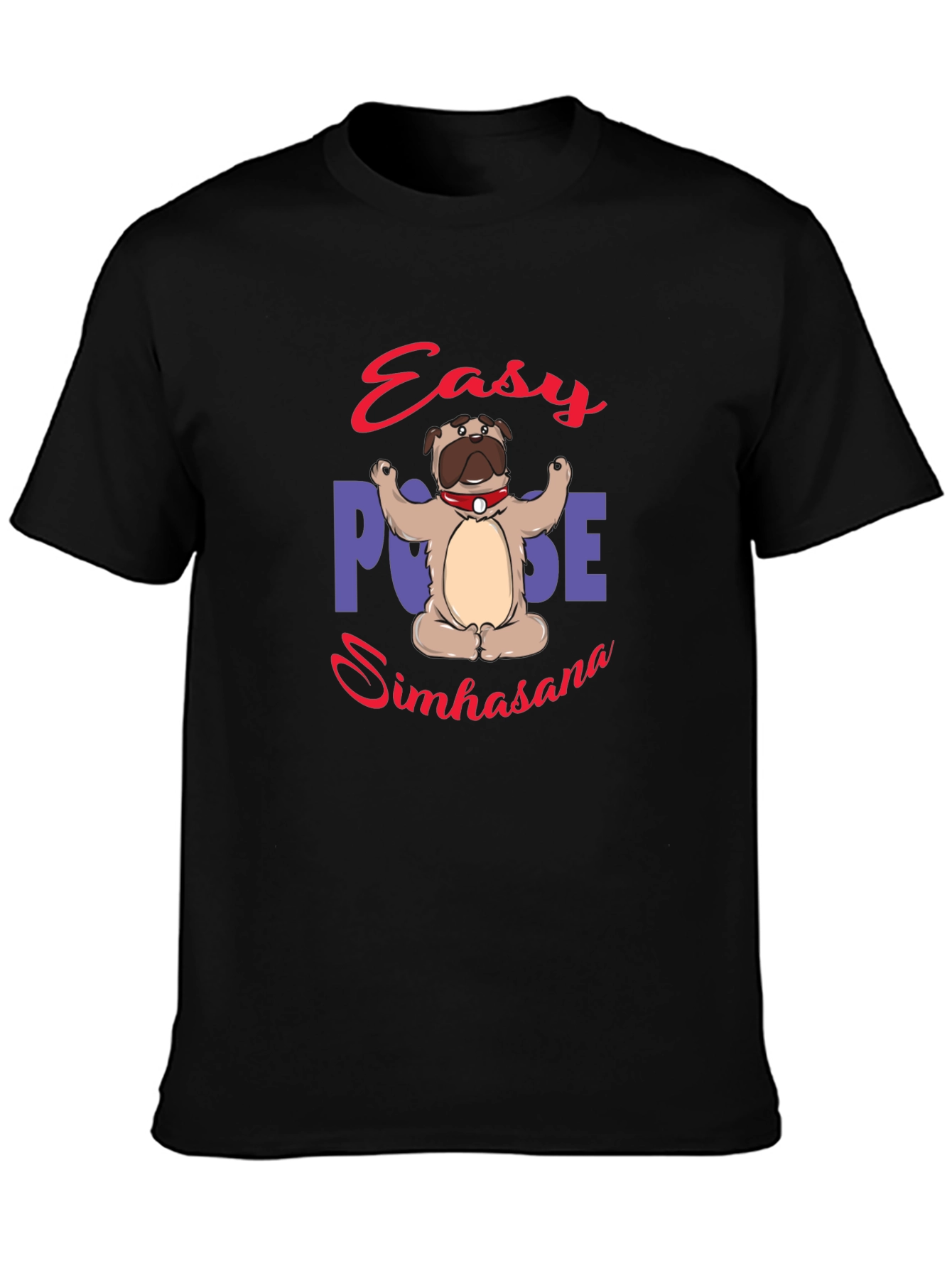 Yoga Pug Black T-Shirt - Easy Pose Simhasana