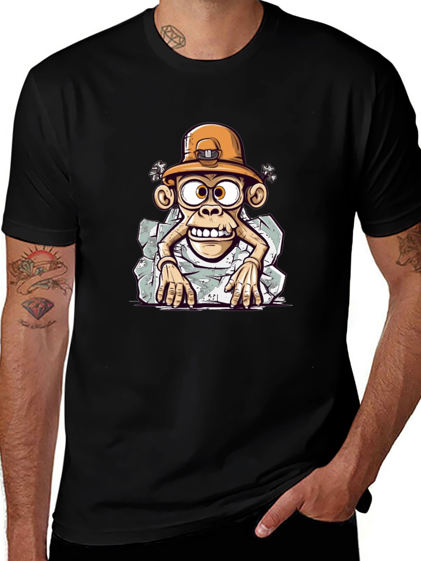 Cartoon Monkey Graphic Tee - Black Casual Shirt