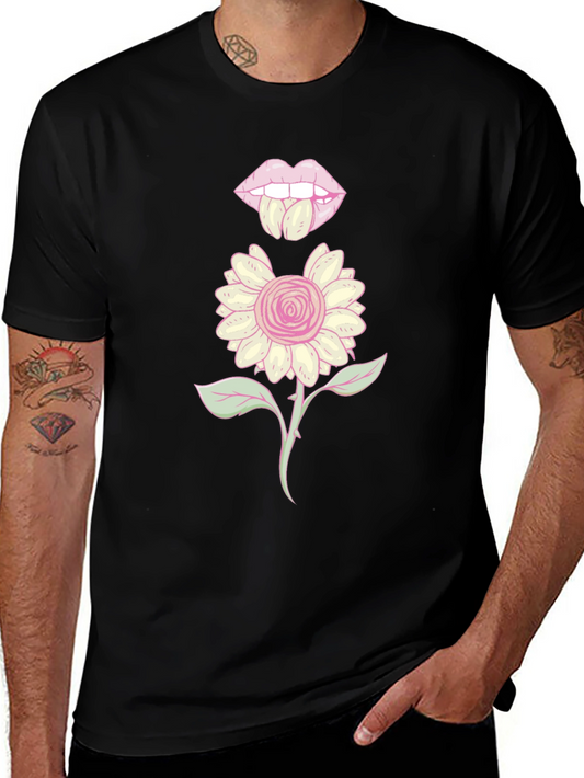 Black Graphic T-Shirt with Floral Lips Design