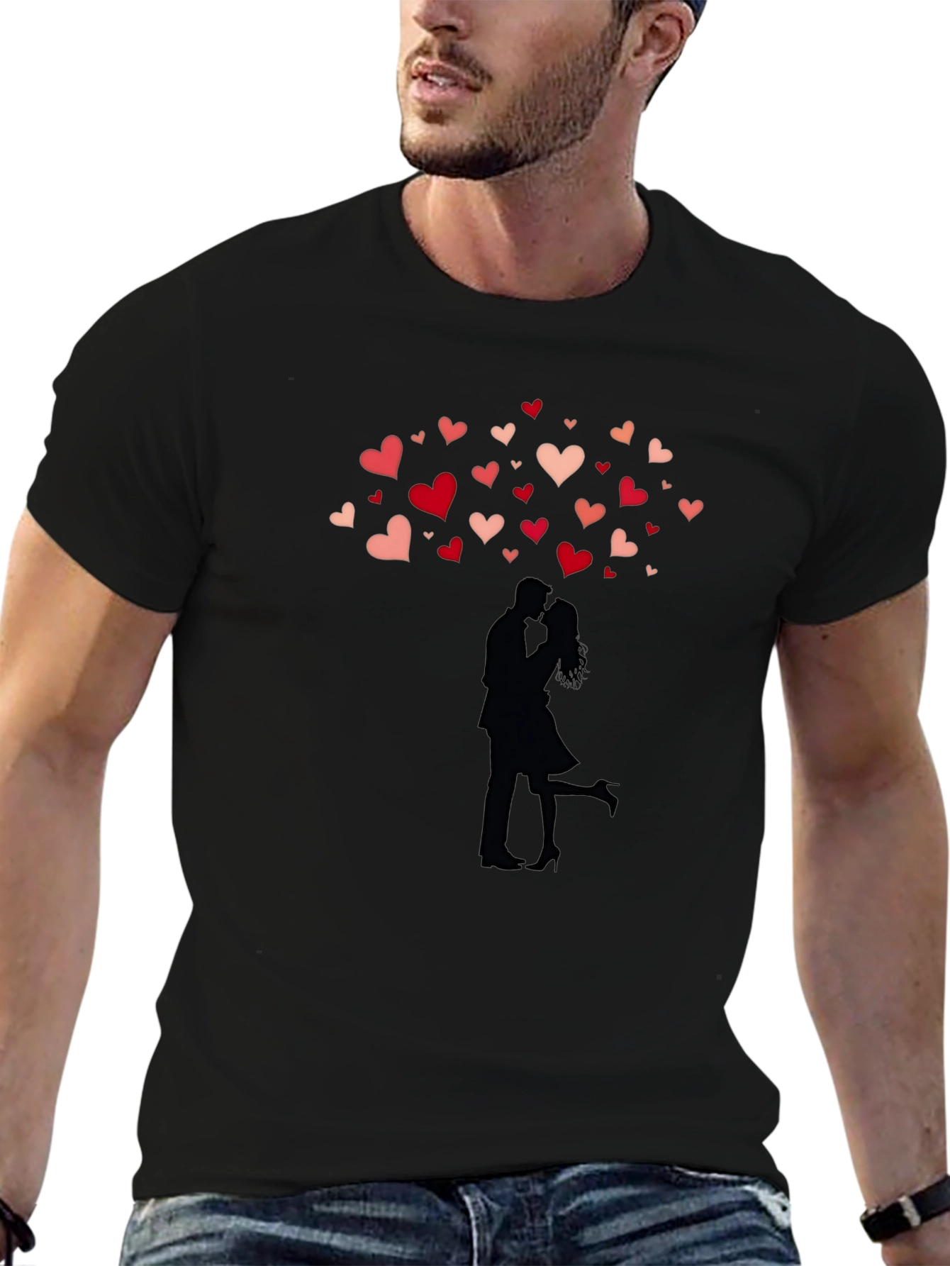 Romantic Couple Hearts Graphic Tee - Black