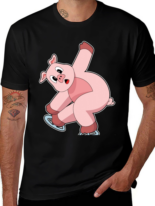 Skating Pig Graphic Tee - Black Cotton T-Shirt