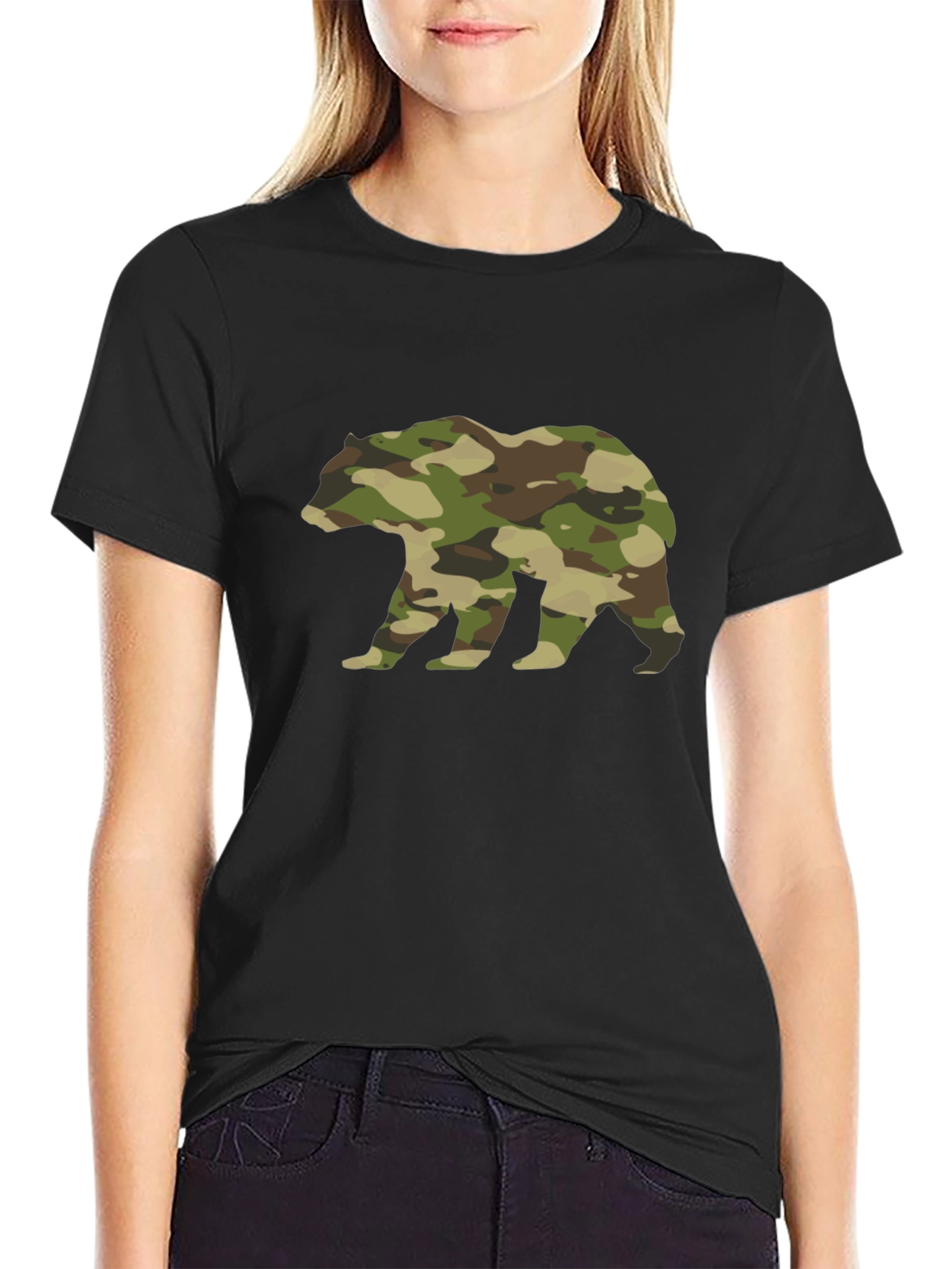 Camo Bear Graphic Tee - Black Cotton Casual Shirt