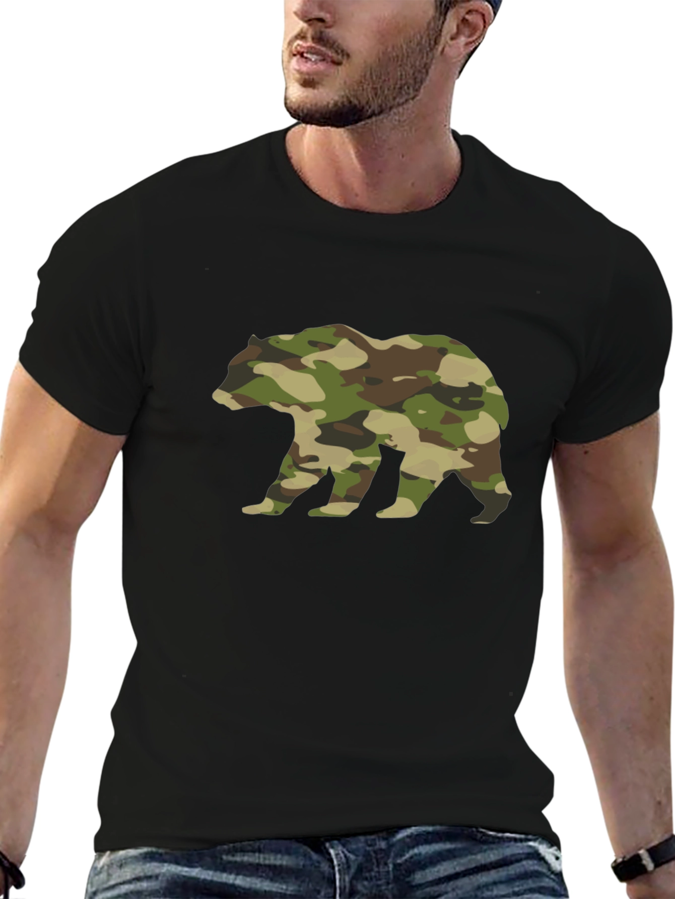 Camo Bear Graphic Tee - Black Cotton Casual Shirt