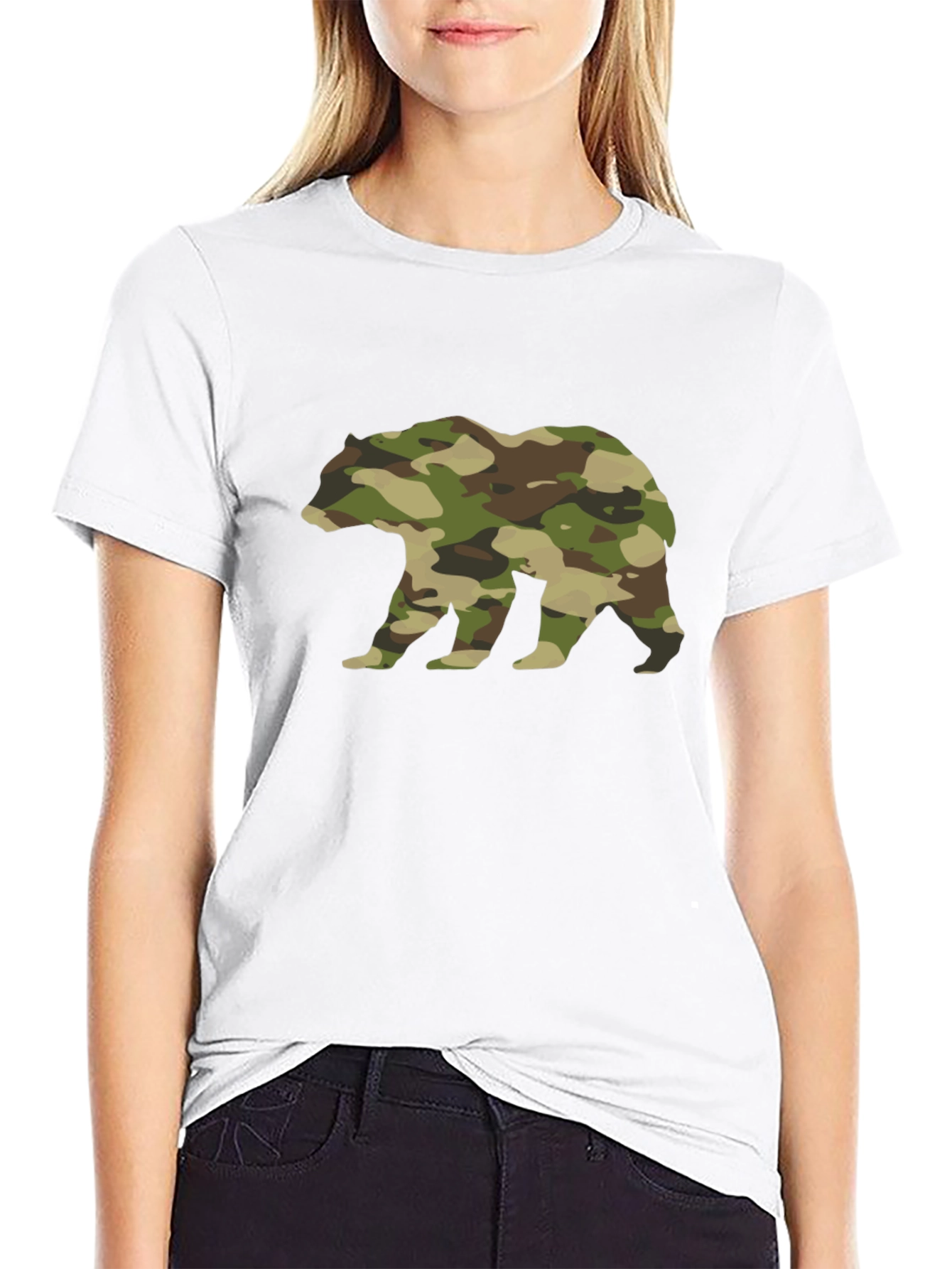 Camo Bear Graphic Tee - Black Cotton Casual Shirt