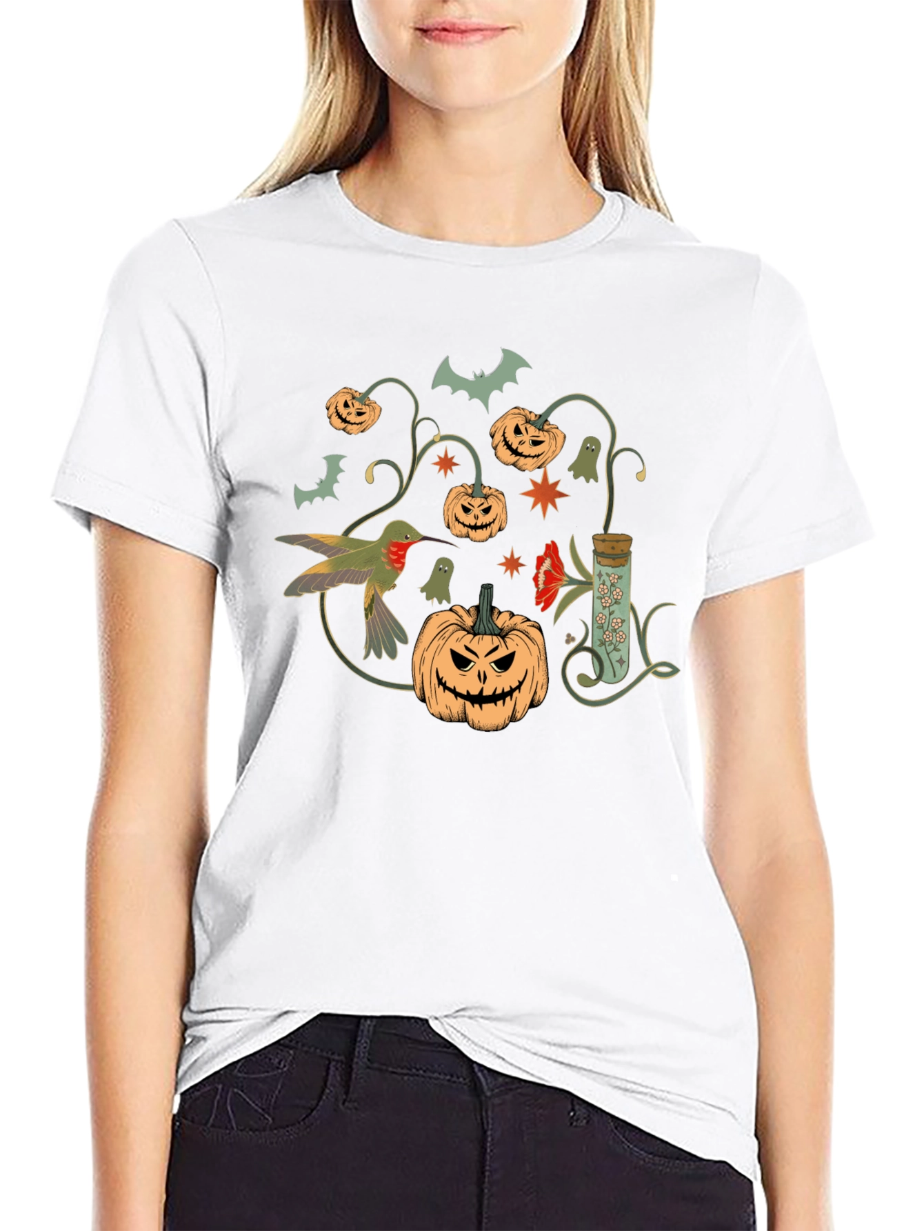 Halloween Pumpkin & Hummingbird Black T-Shirt