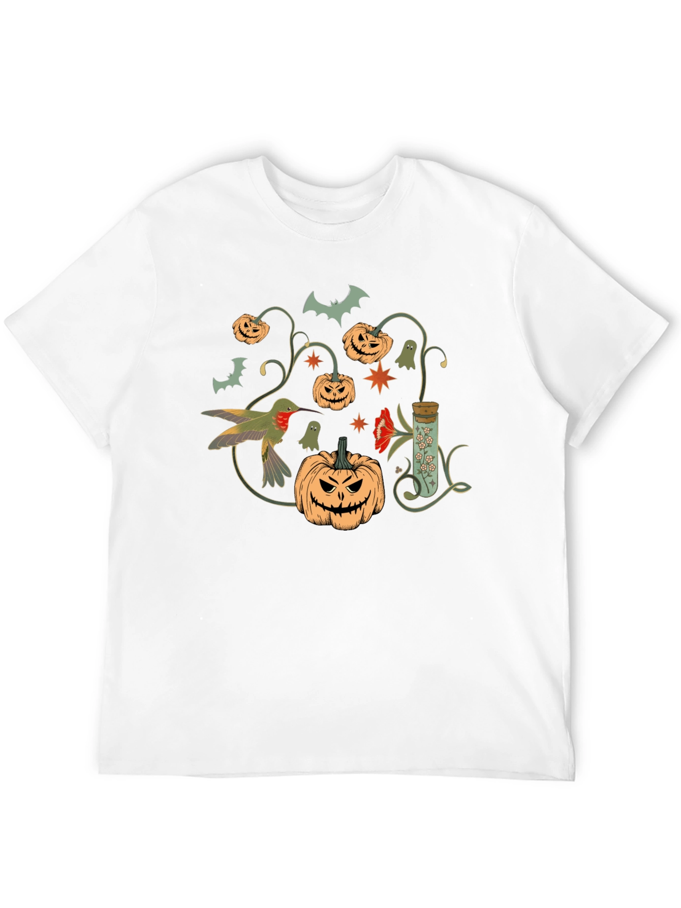 Halloween Pumpkin & Hummingbird Black T-Shirt