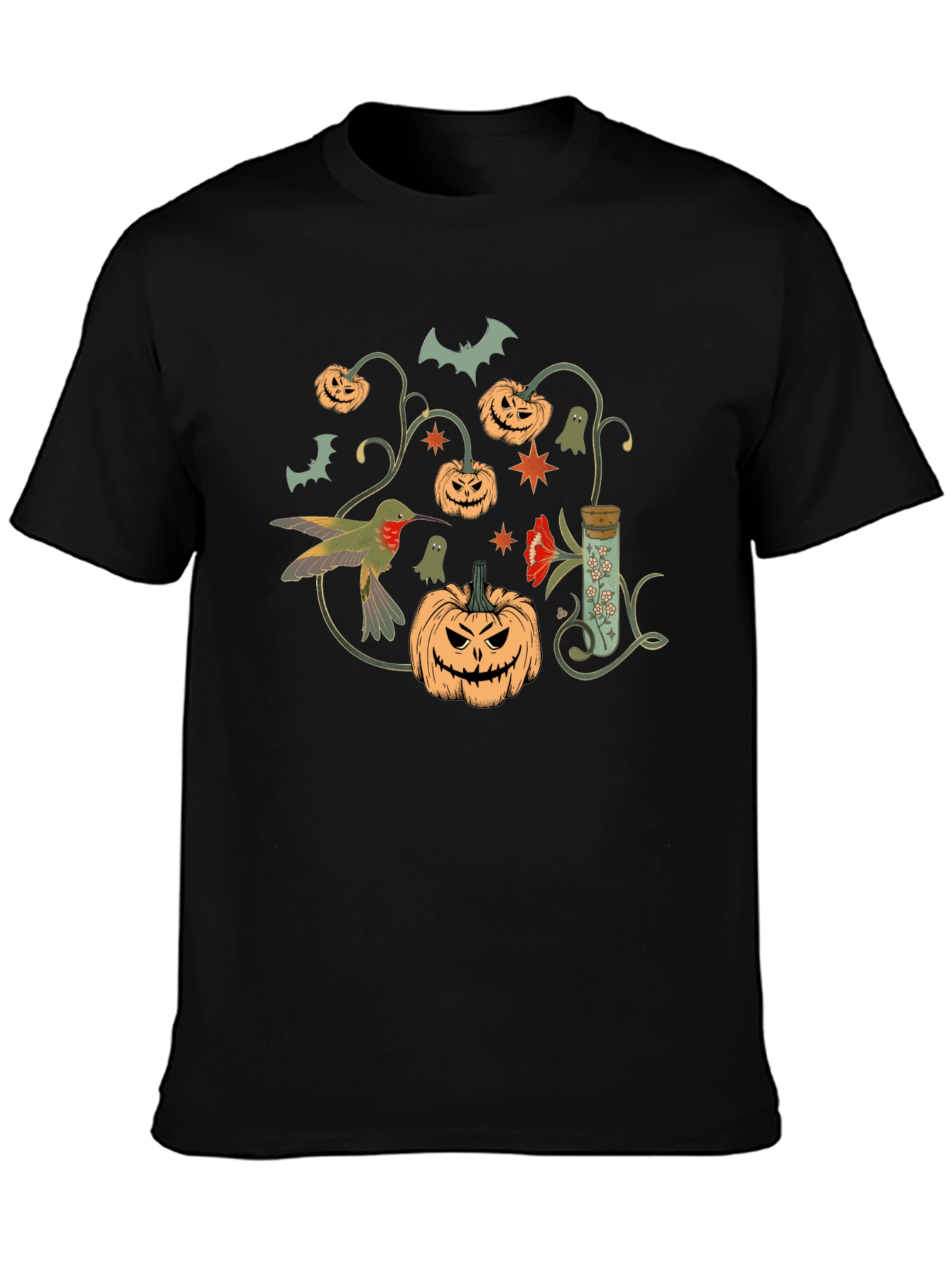 Halloween Pumpkin & Hummingbird Black T-Shirt