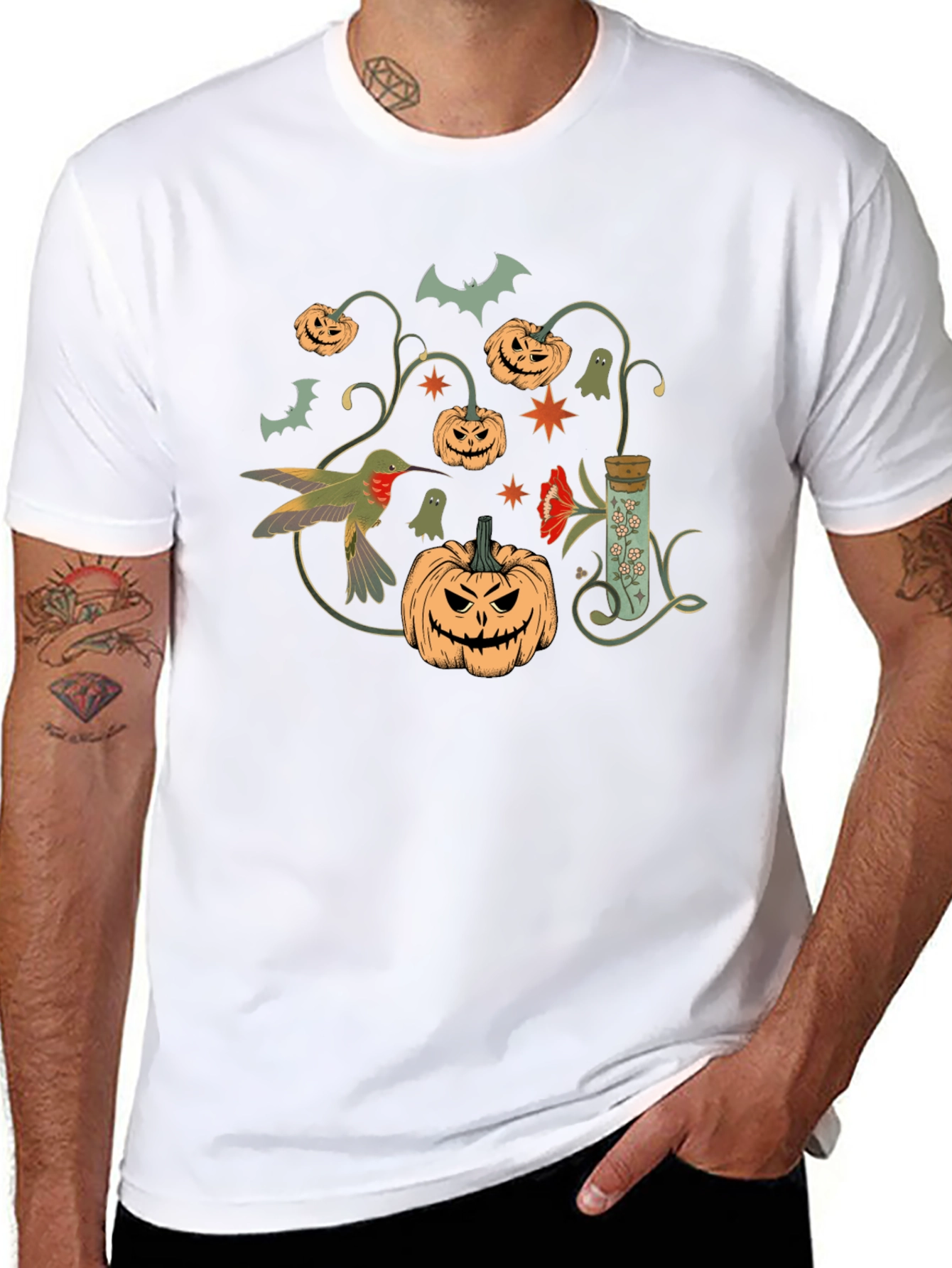 Halloween Pumpkin & Hummingbird Black T-Shirt