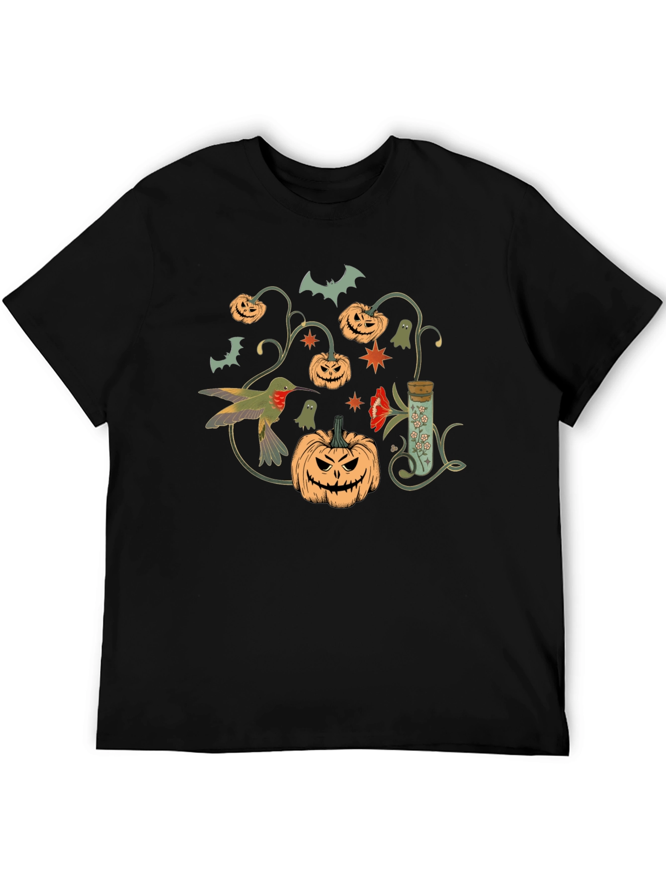 Halloween Pumpkin & Hummingbird Black T-Shirt