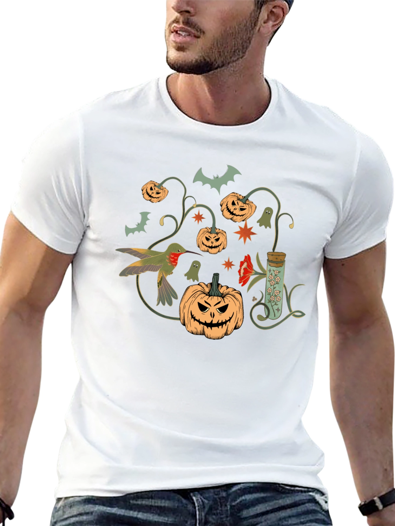 Halloween Pumpkin & Hummingbird Black T-Shirt