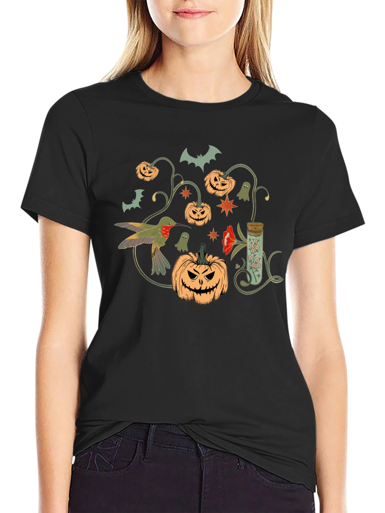 Halloween Pumpkin & Hummingbird Black T-Shirt