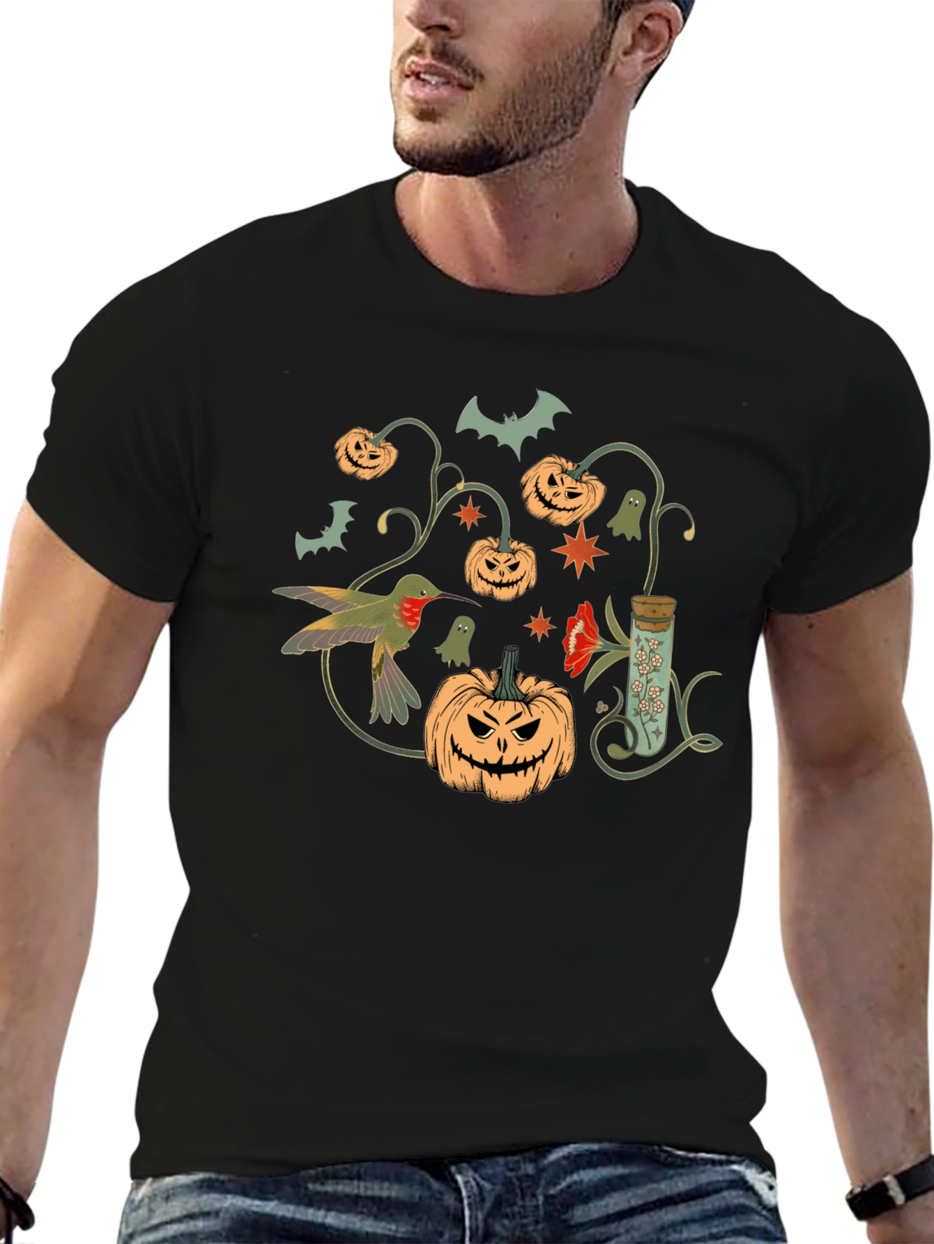 Halloween Pumpkin & Hummingbird Black T-Shirt
