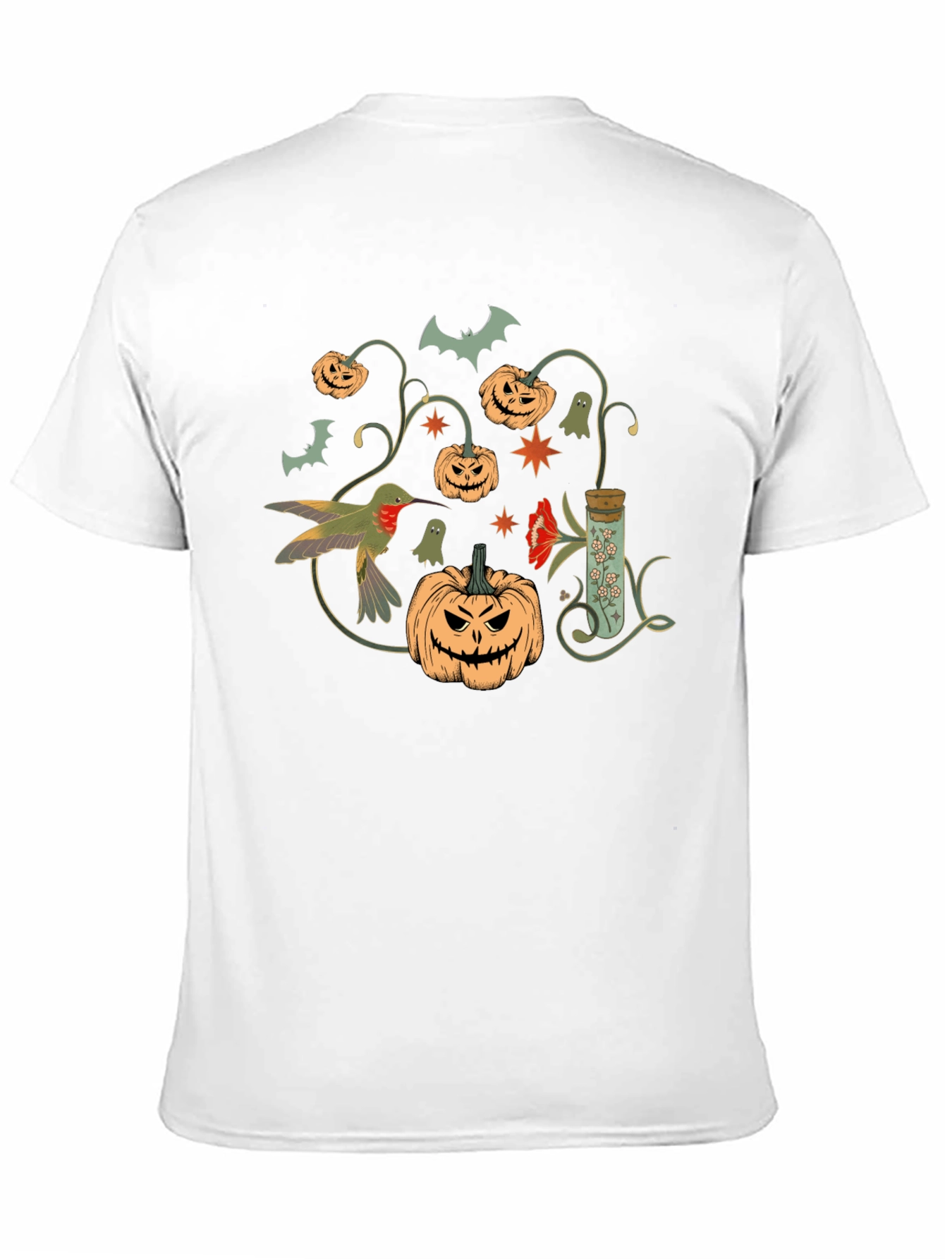 Halloween Pumpkin & Hummingbird Black T-Shirt