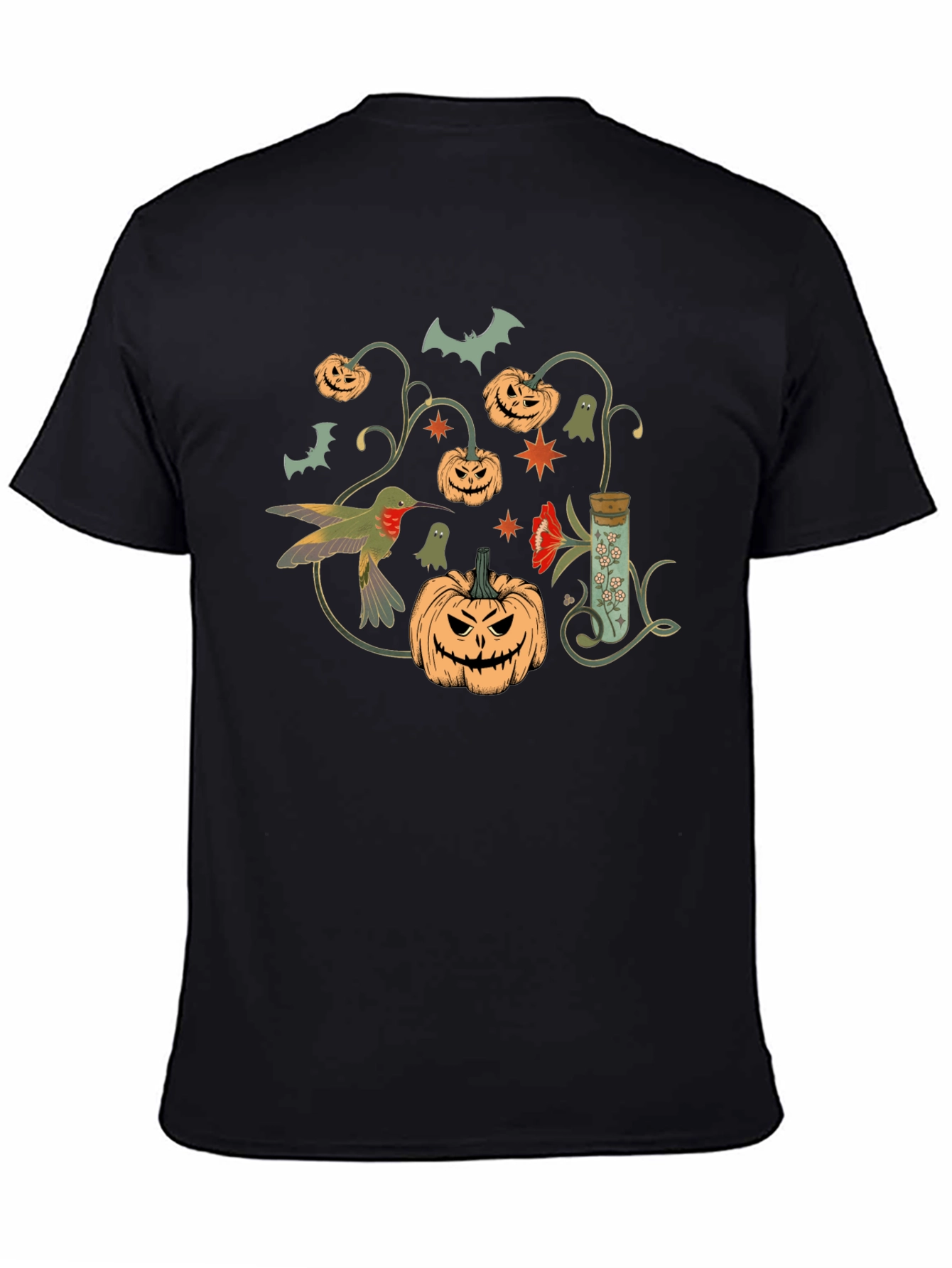 Halloween Pumpkin & Hummingbird Black T-Shirt