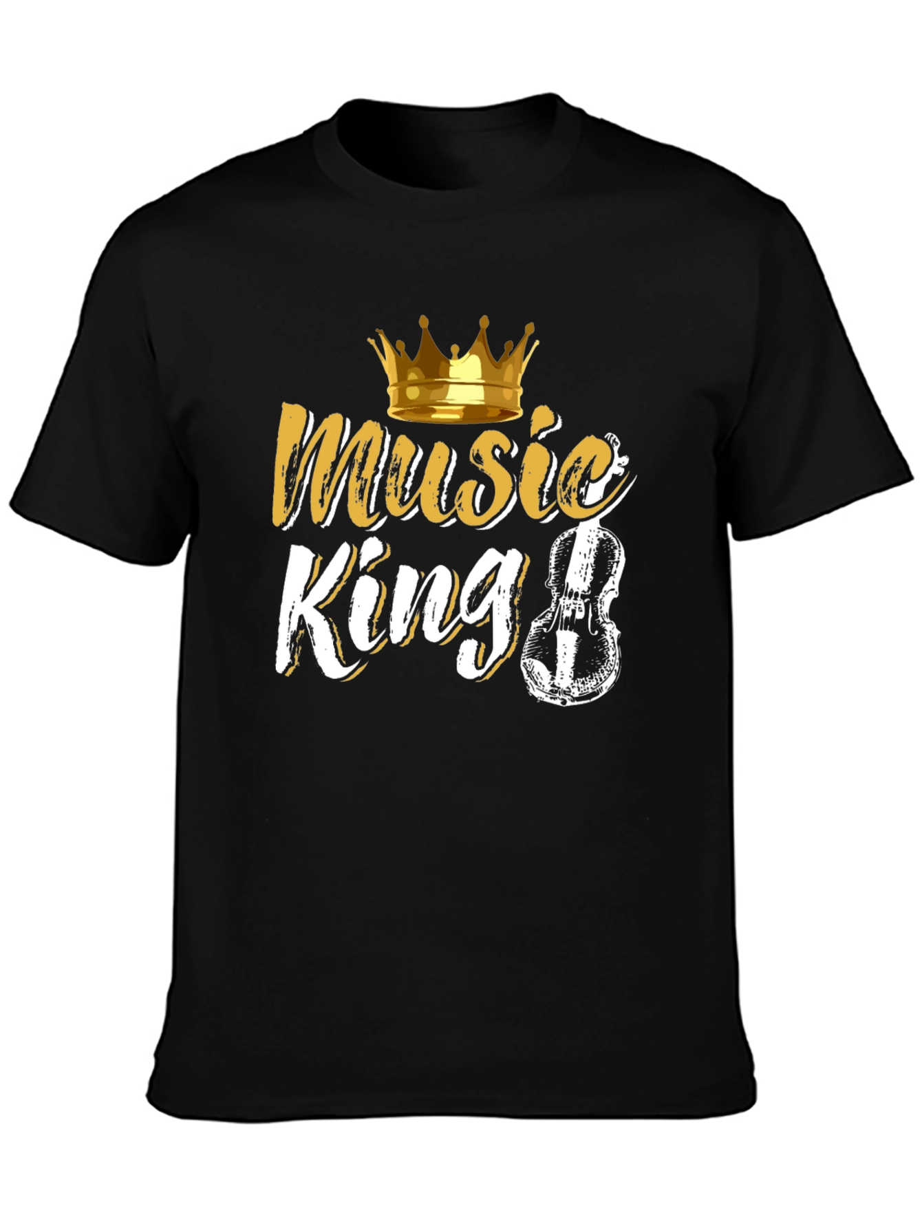Music King Black T-Shirt with Crown and Violin Design